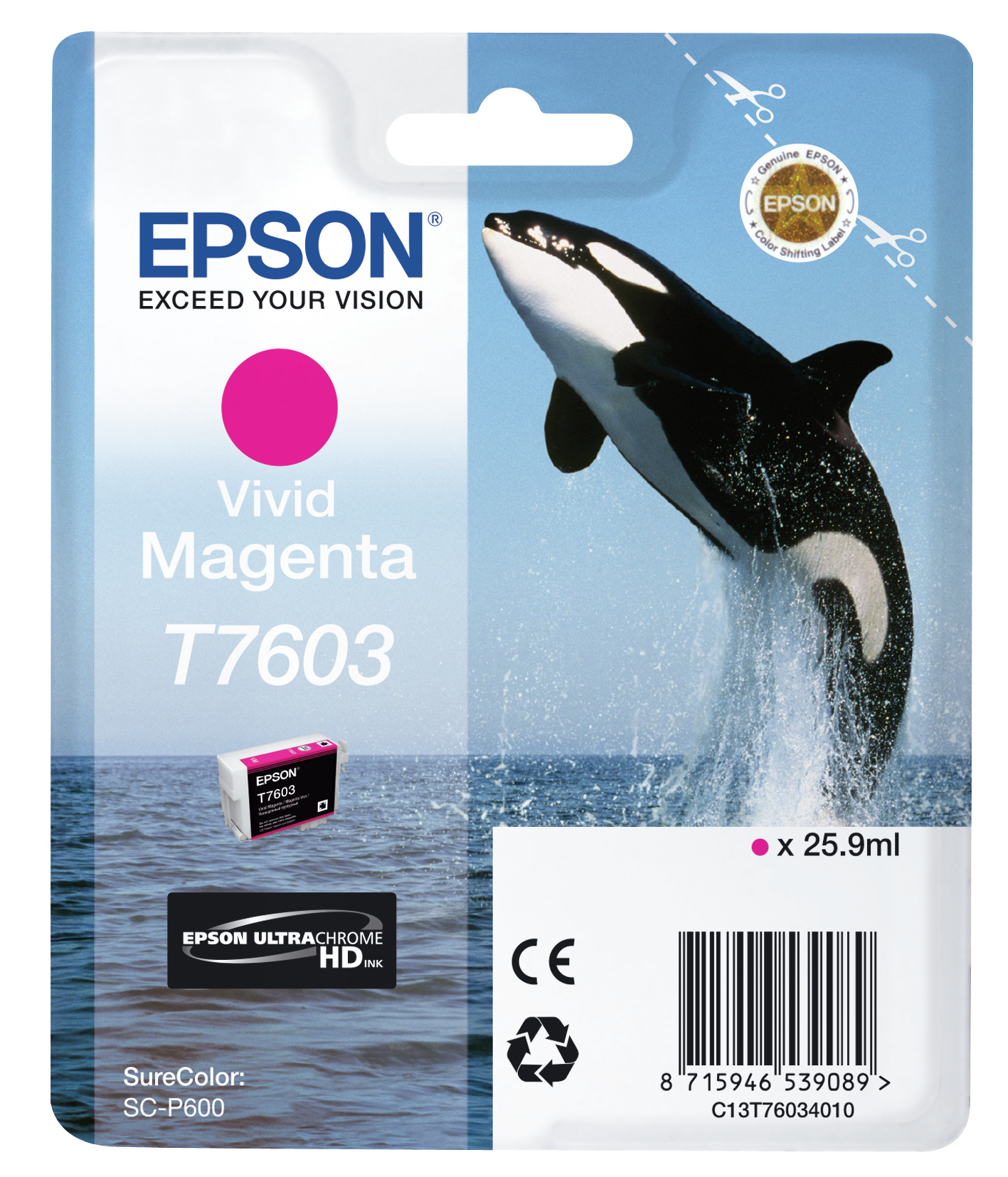 Epson Tintenpatrone mit einem Bild eines Orcas, der aus dem Wasser springt.