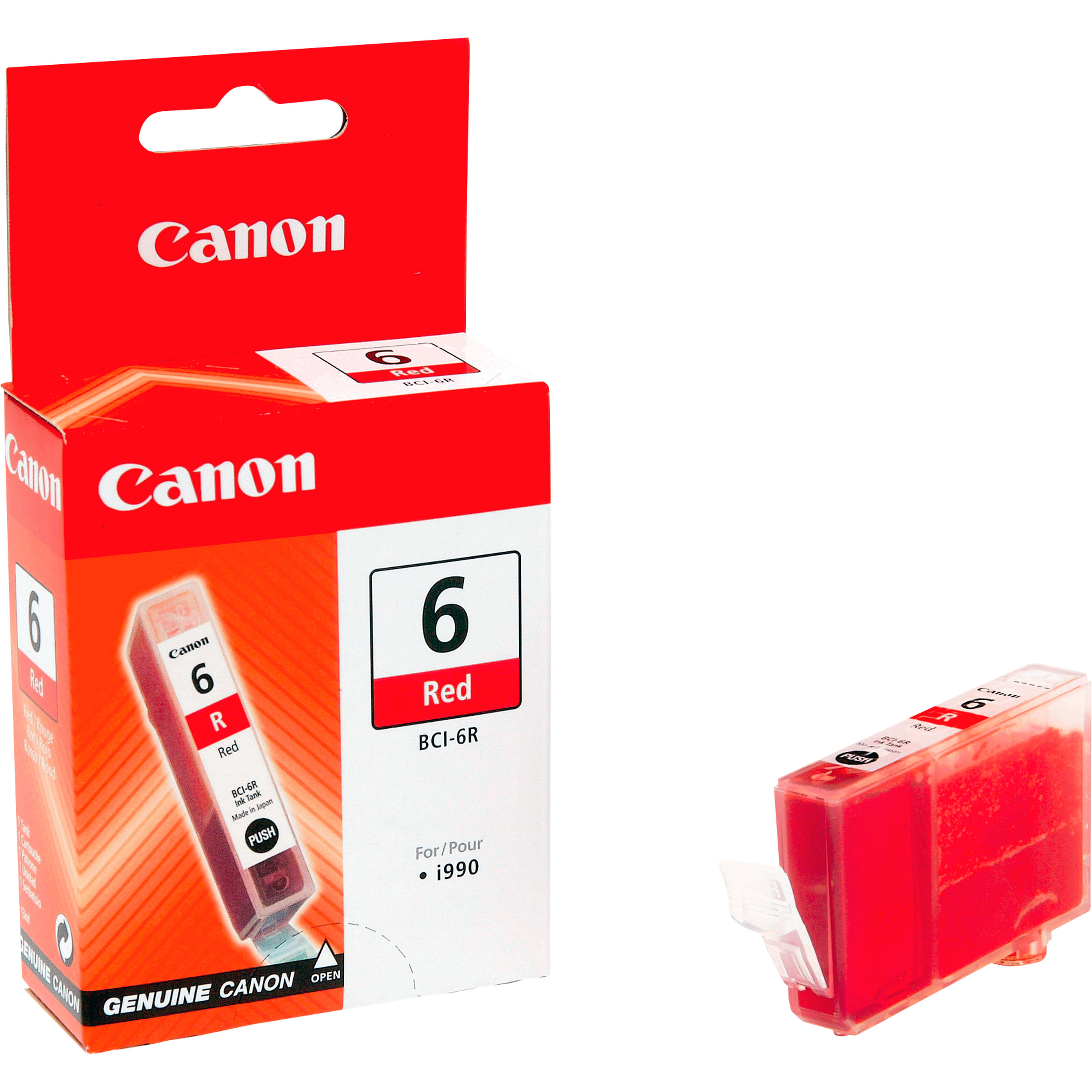 Canon rode inktcartridge doos en een cartridge, met rode inkt.