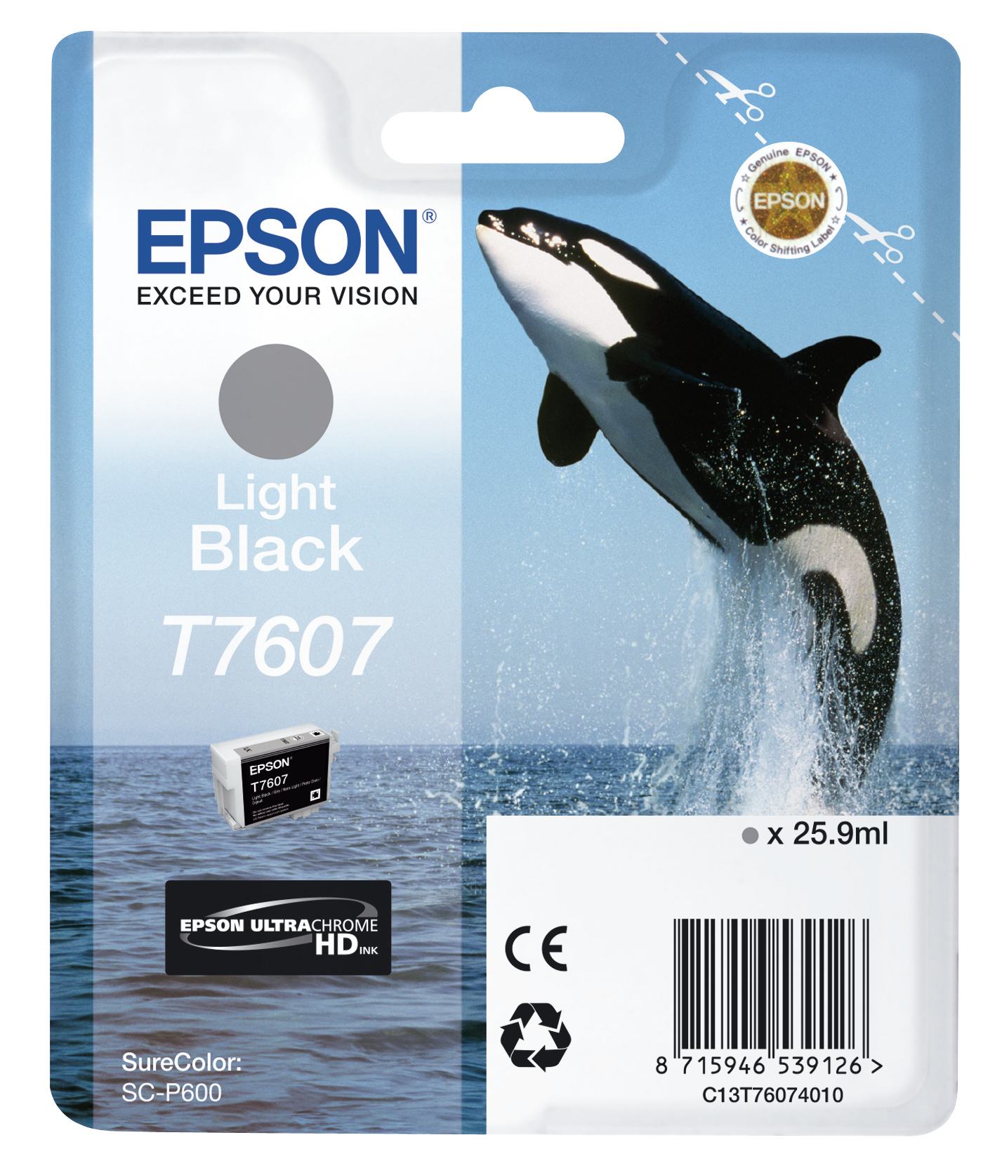 Epson inktcartridge. Wit en blauw label met een springende orka. Achtergrond is een blauwe lucht en zee.