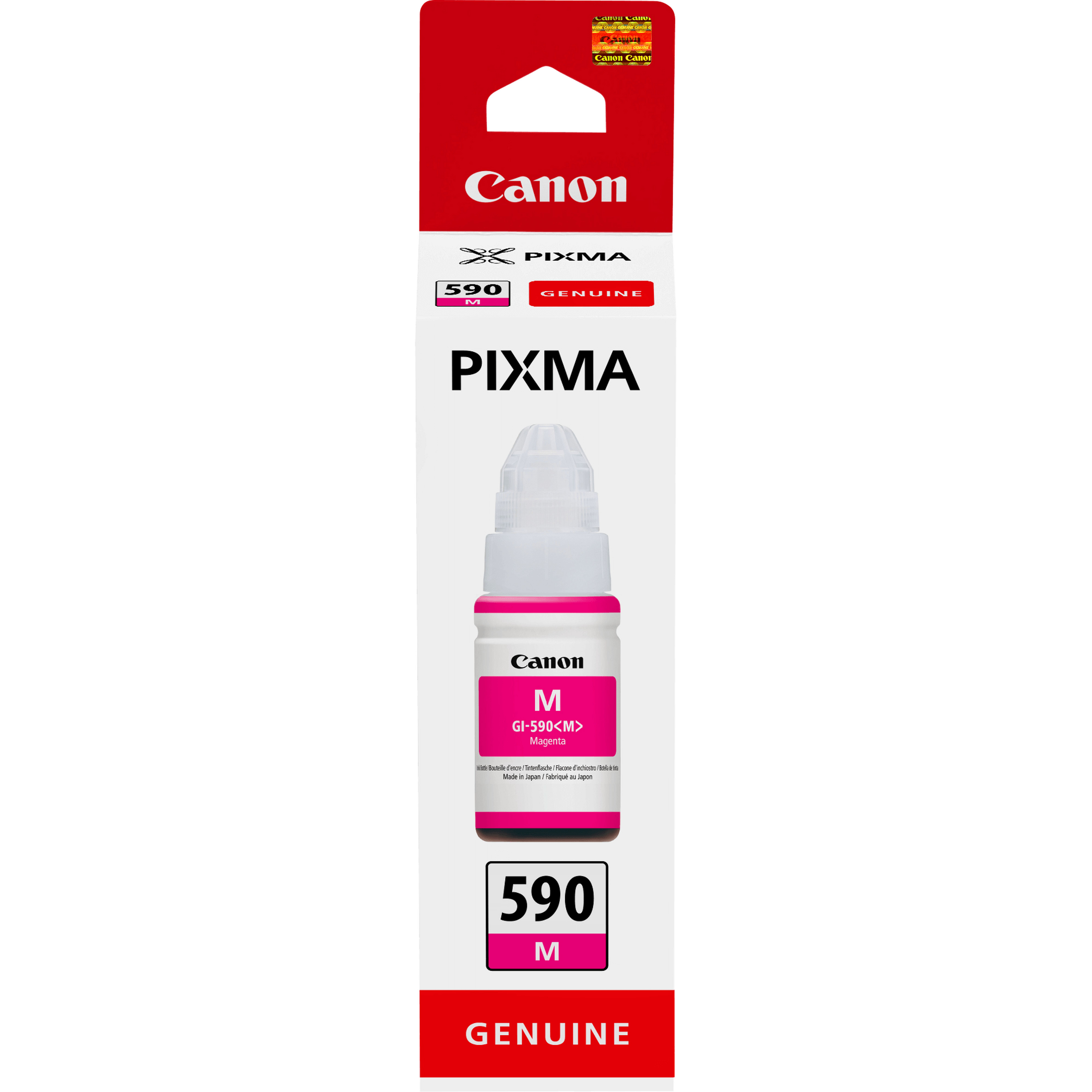 Canon Pixma inktcartridge. Magenta inktfles met een rode en witte Canon verpakking.