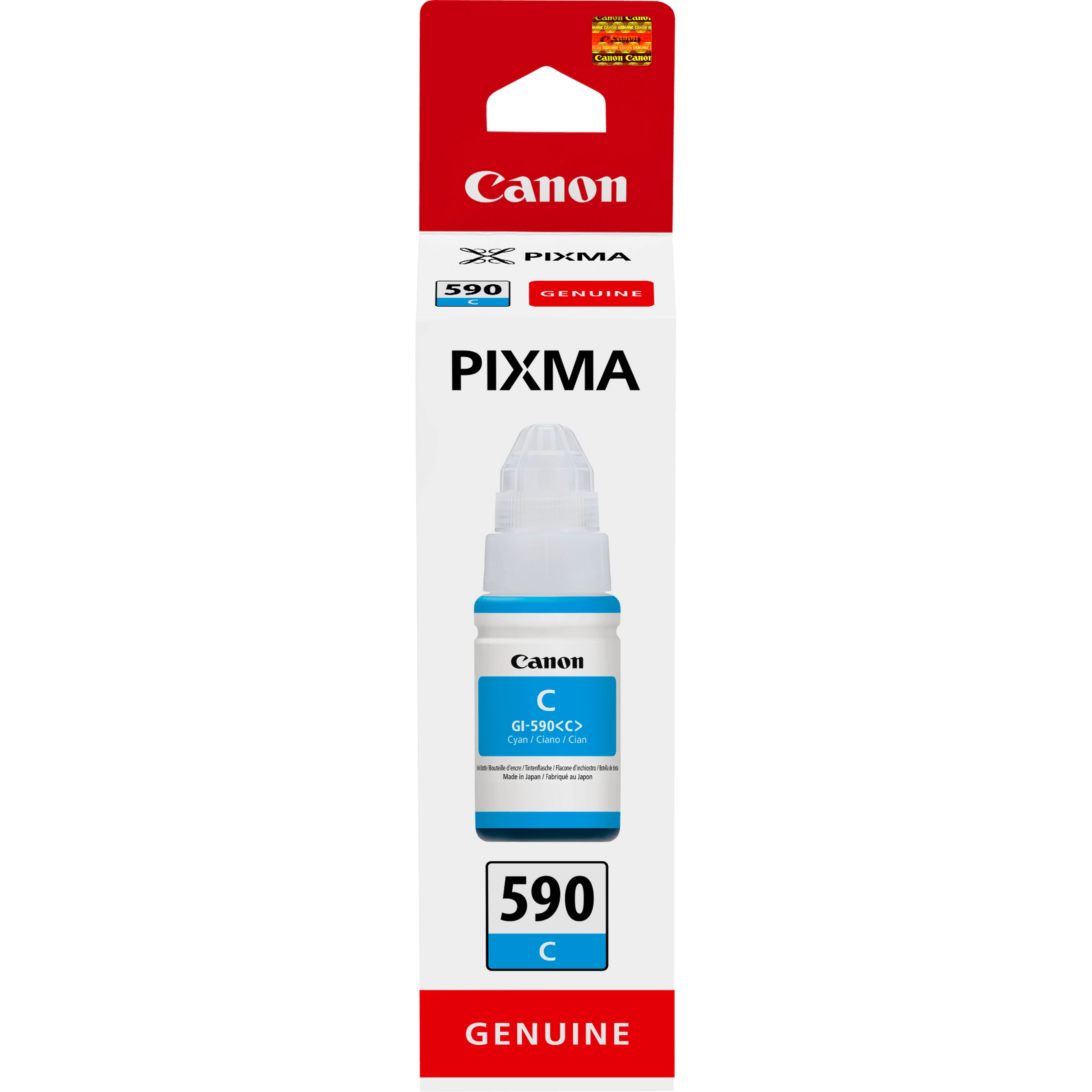 Canon PIXMA inktfles. Rode en witte verpakking met blauwe en witte fles. Het etiket zegt 'C GI-590<lt/>C<gt/> Cyaan'.