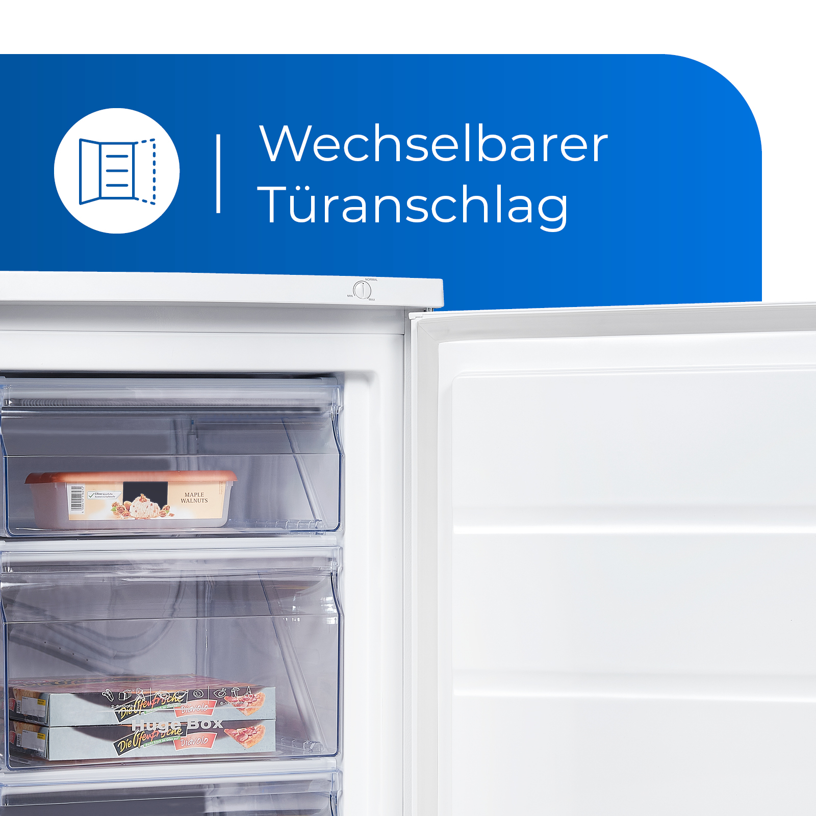 Kühlschranktür mit Schubladen, mit Text darüber.