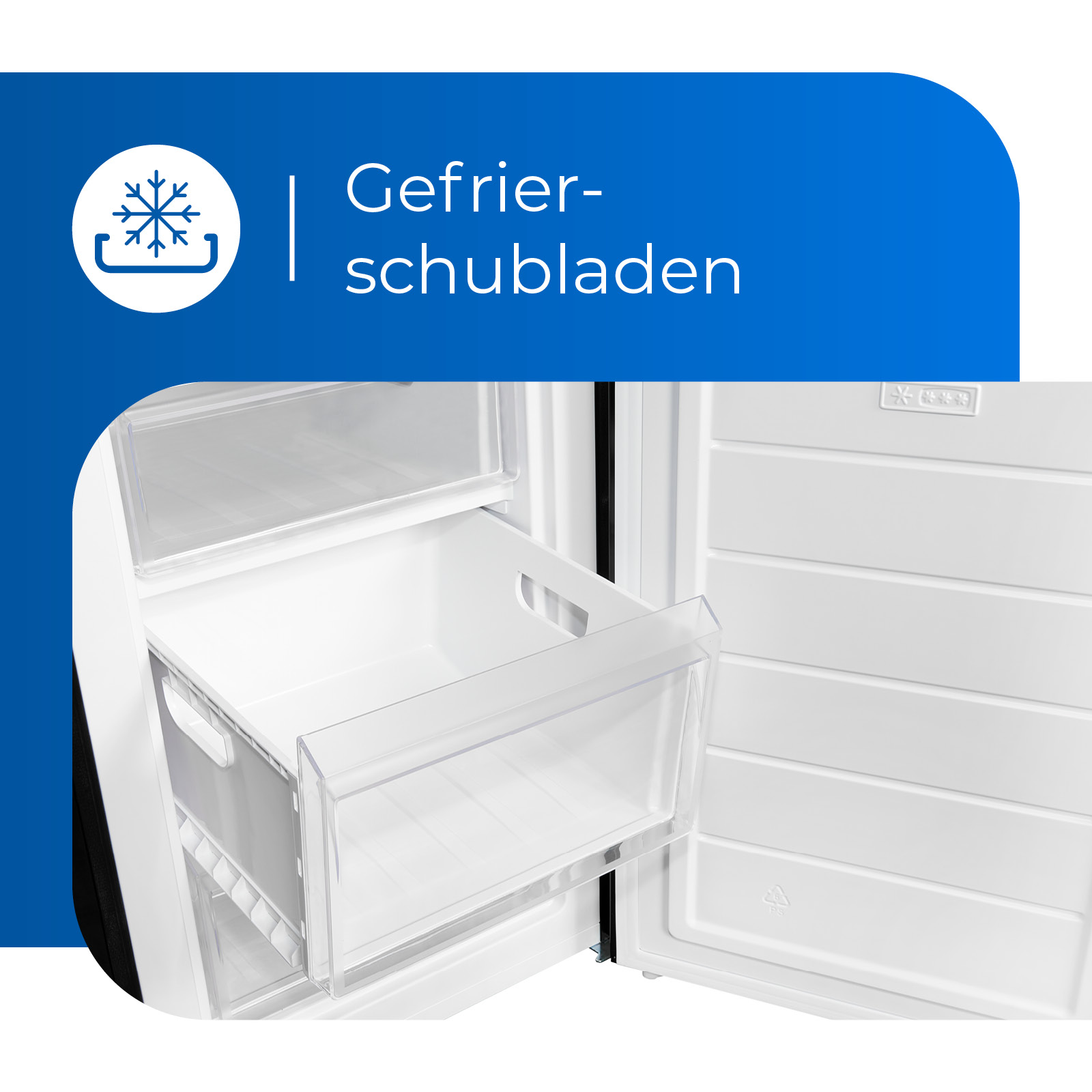 Geöffnete weiße Kühlschublade mit einem durchsichtigen Kunststoffbehälter darin. Blaues Banner mit Schneeflocken-Symbol.