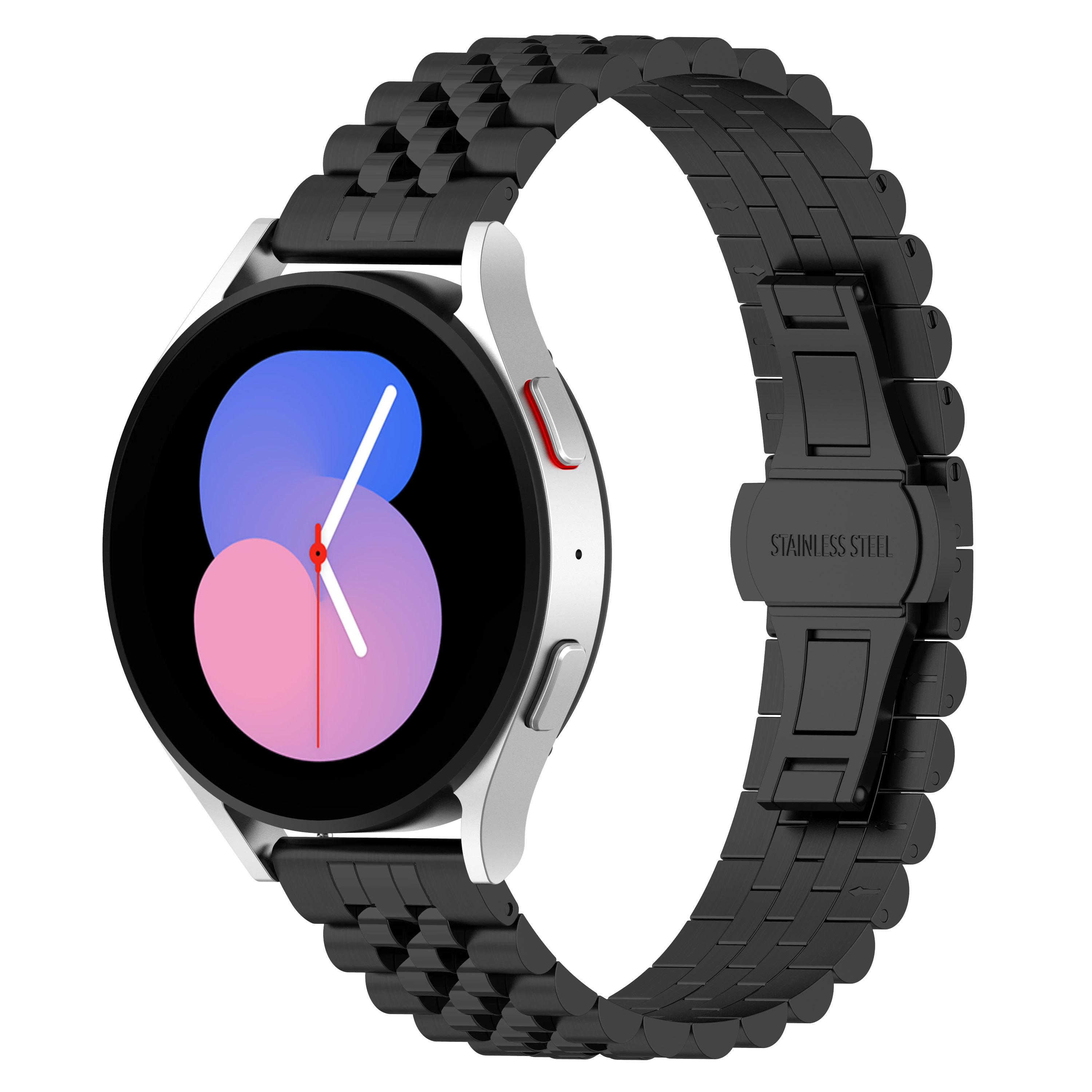 Schwarzes Edelstahl-Armband, an einer silbernen Uhr befestigt. Die Uhr hat ein farbiges Display.
