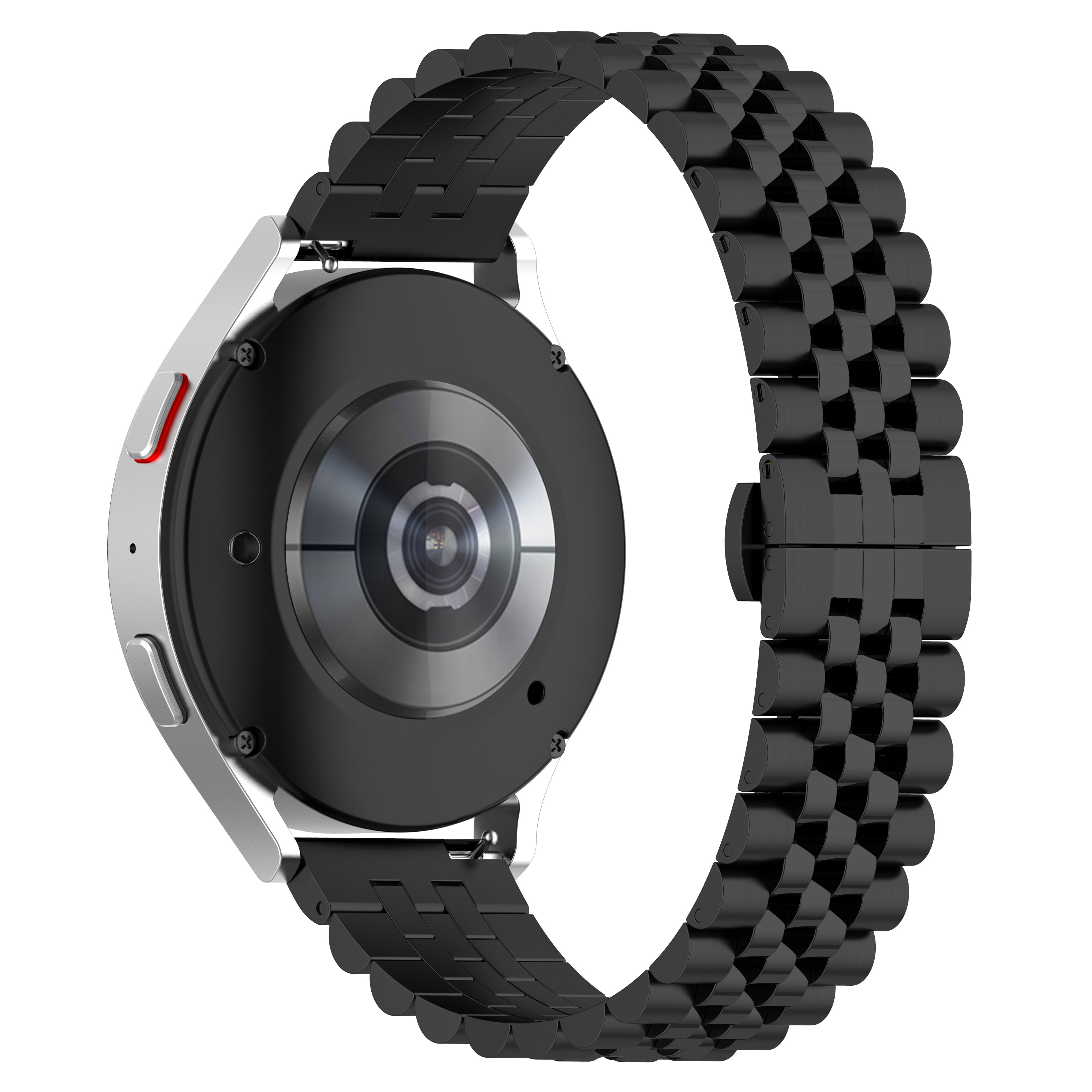 Schwarze Uhr mit silbernem Rahmen, Rückansicht mit schwarzem Armband.
