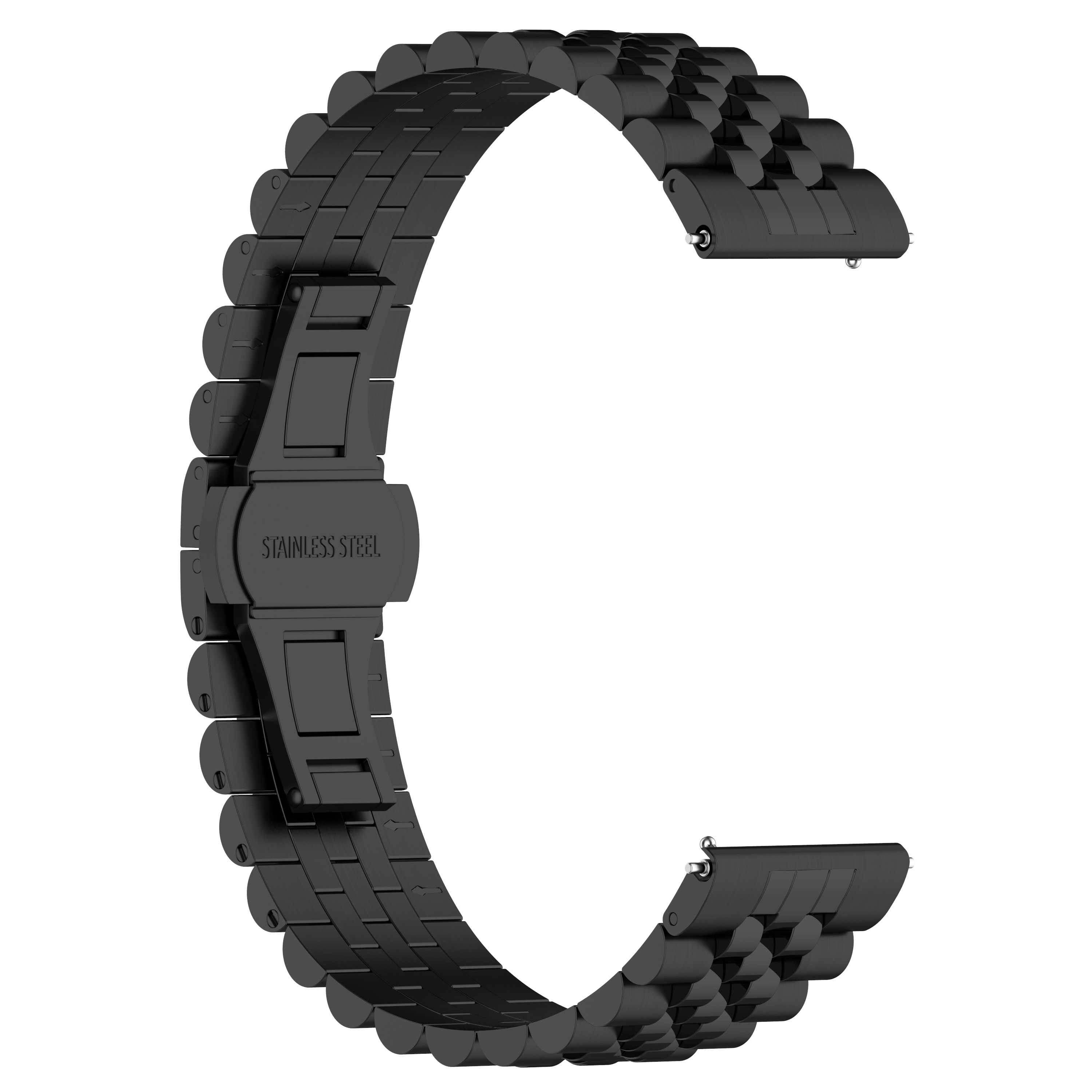 Schwarzes Edelstahl-Armband. C-förmig. Weißer Hintergrund. Nahaufnahme.