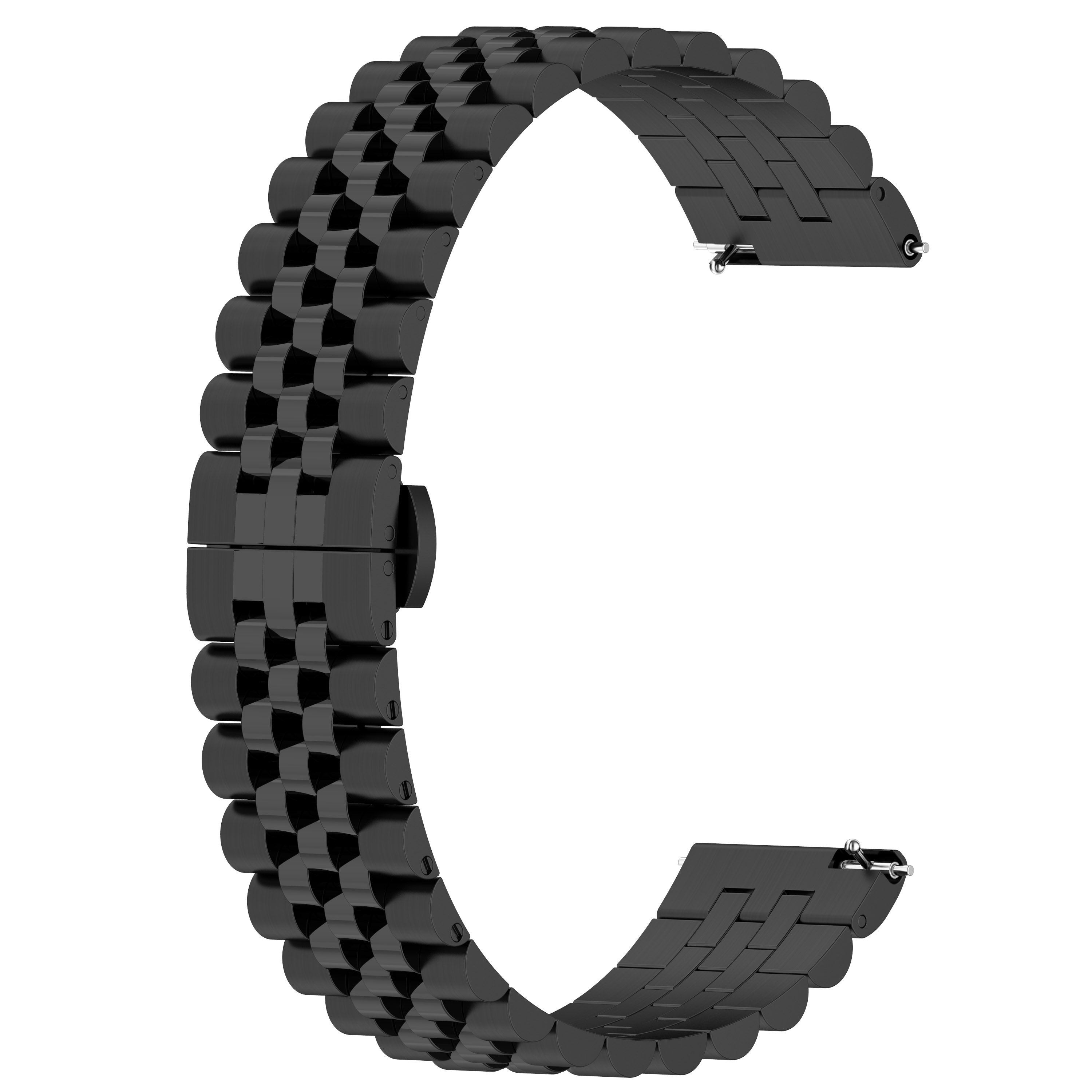 Schwarzes Metall-Uhrenarmband, gebogen, um eine C-Form zu bilden. Das Armband besteht aus kleinen, verbundenen rechteckigen Gliedern.