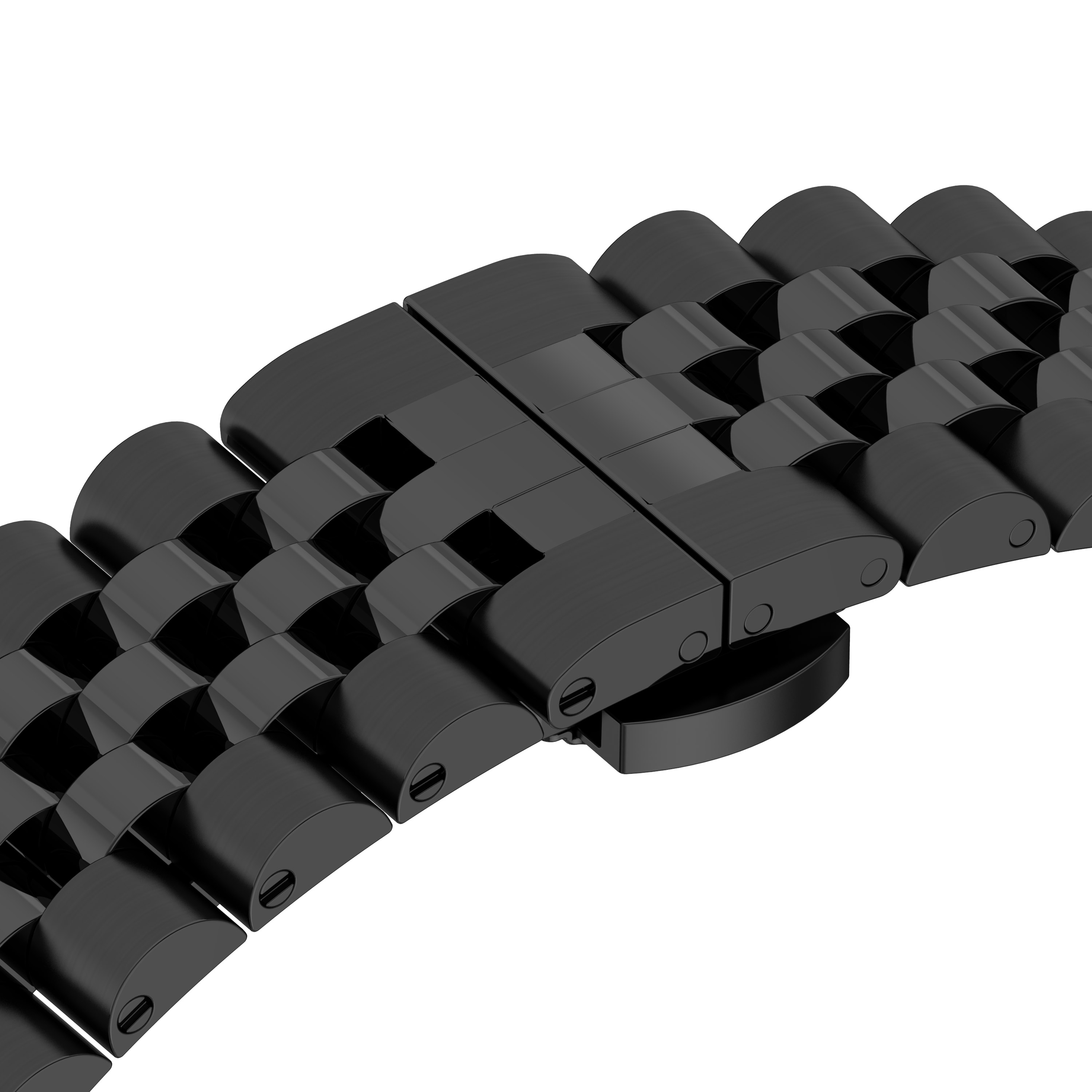 Nahaufnahme eines schwarzen Uhrenarmbands aus verbundenen Metallgliedern.