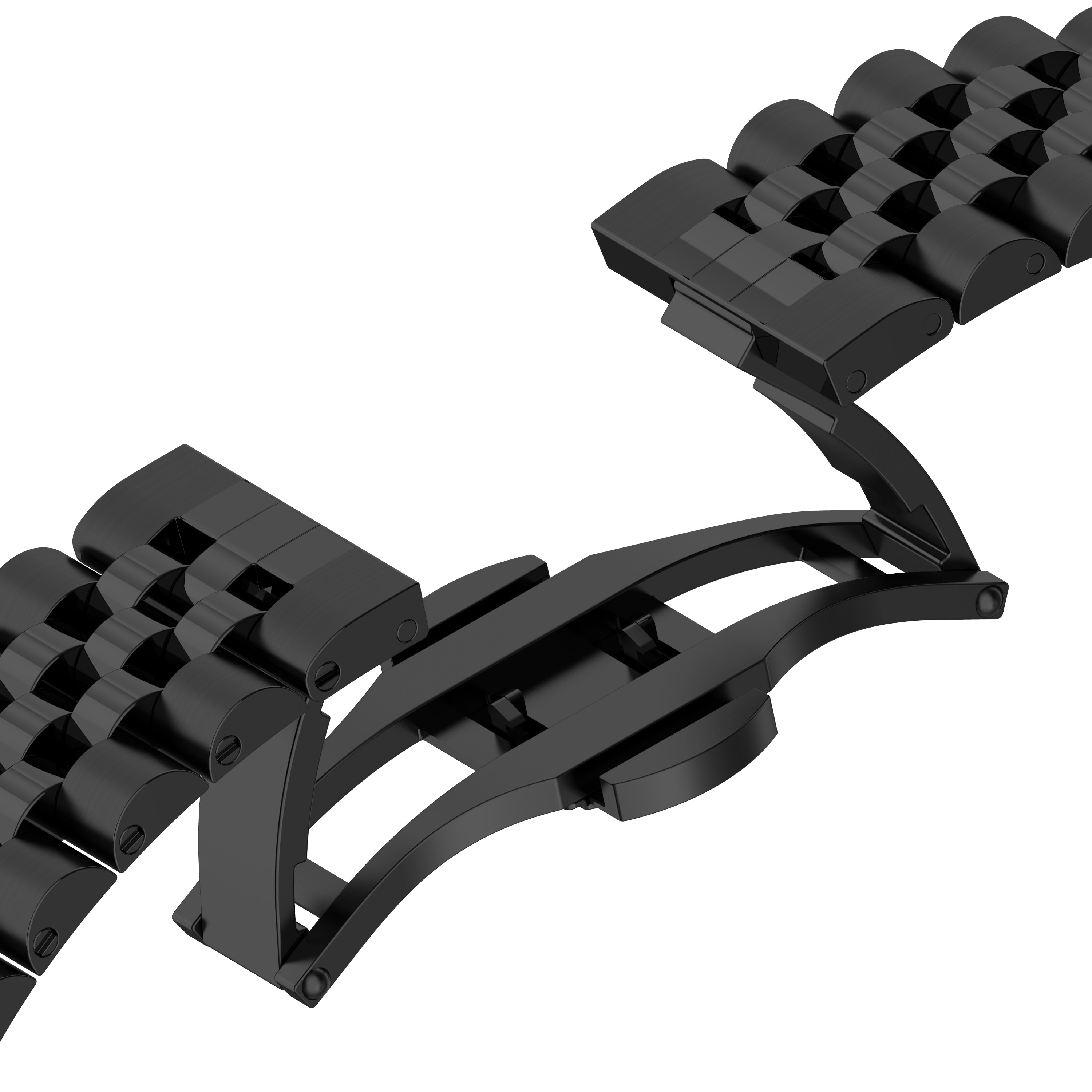Schwarzer Uhrenarmbandverschluss. Metall, ineinandergreifendes Design. Weißer Hintergrund. Nahaufnahme.