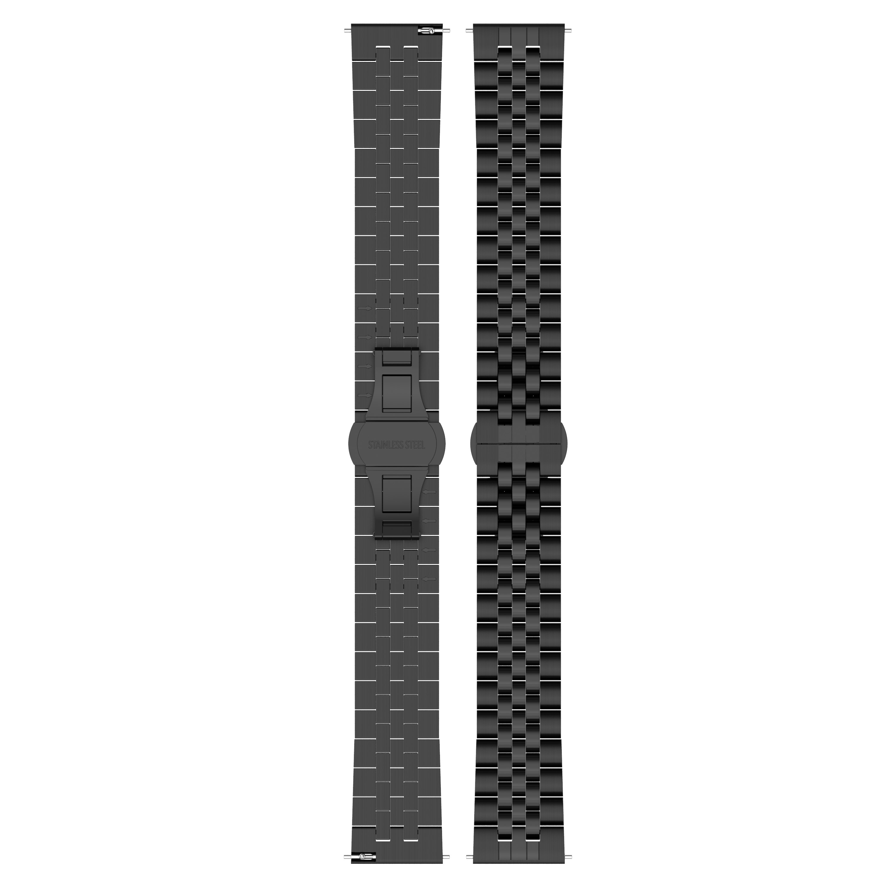 Zwei schwarze Edelstahl-Uhrenarmbänder, eines mit Muster, das andere massiv.