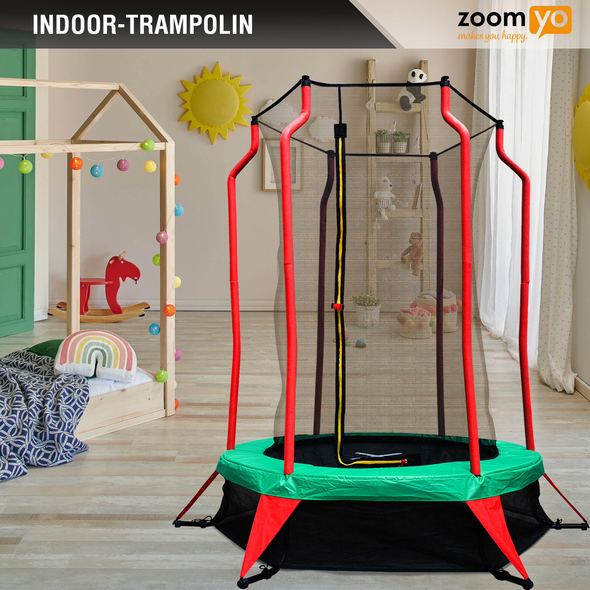ZOOMYO Happy Jump Kinder-Trampolin ,Indoor, Elastik-Seilsystem Trampolin, / Outdoor, schwarz Rot