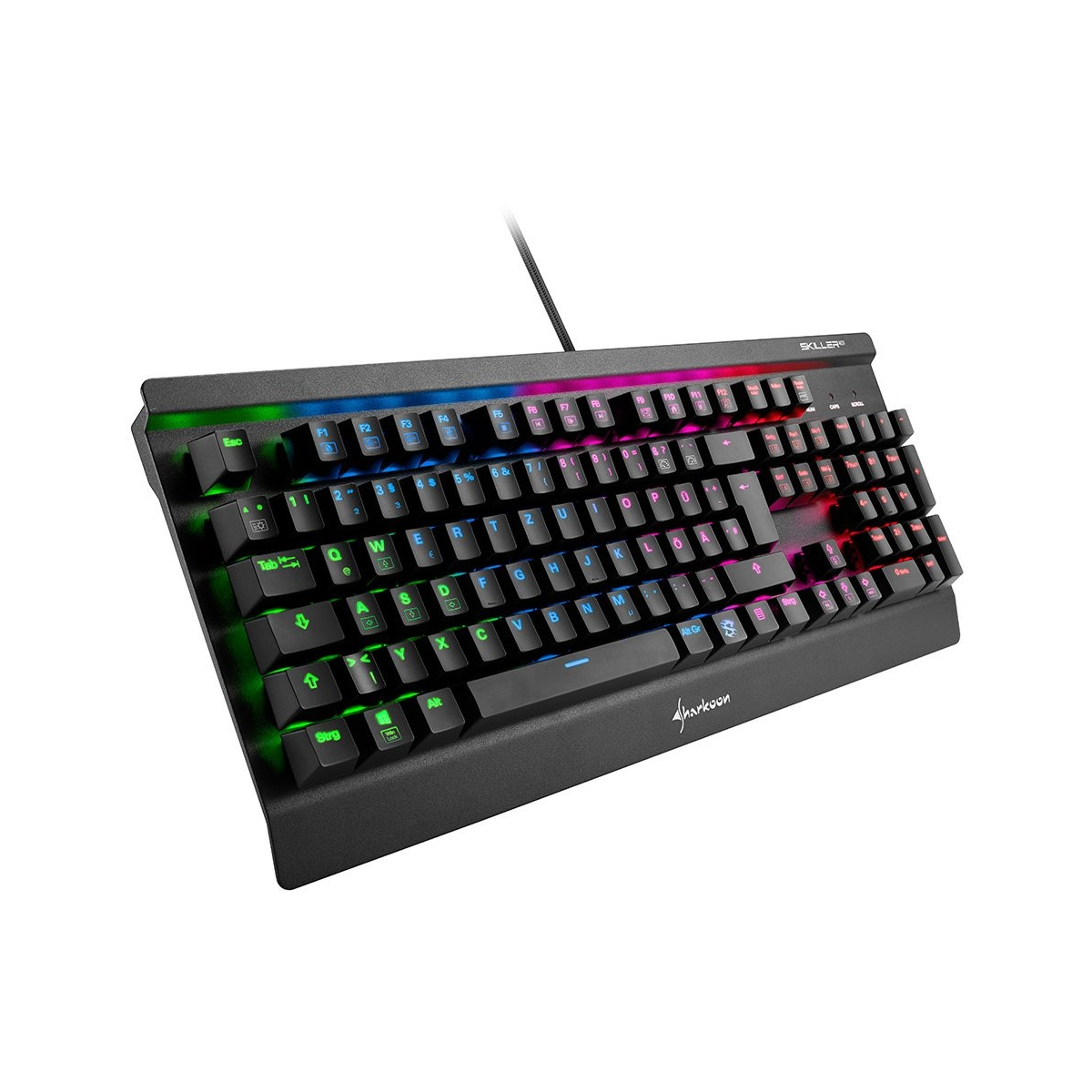 Teclado negro con teclas retroiluminadas de colores. Las teclas son negras con letras y símbolos blancos. El teclado está inclinado.