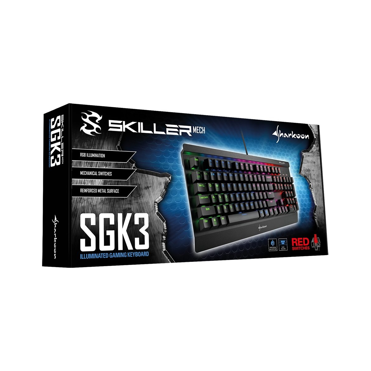 Teclado en caja. Teclado negro con teclas de colores. Caja muestra teclado y especificaciones, interruptores rojos.