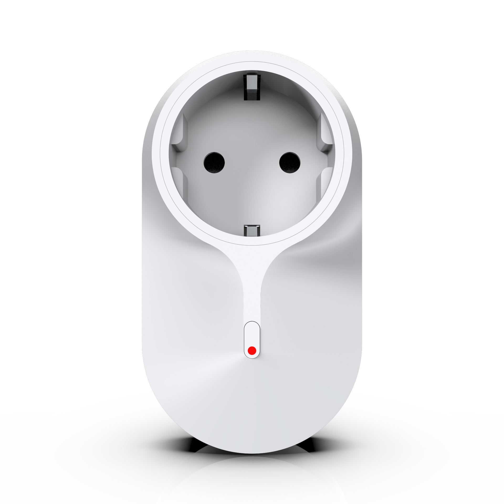 Weißer Smart-Stecker mit roter Taste. Schwarzer Hintergrund.