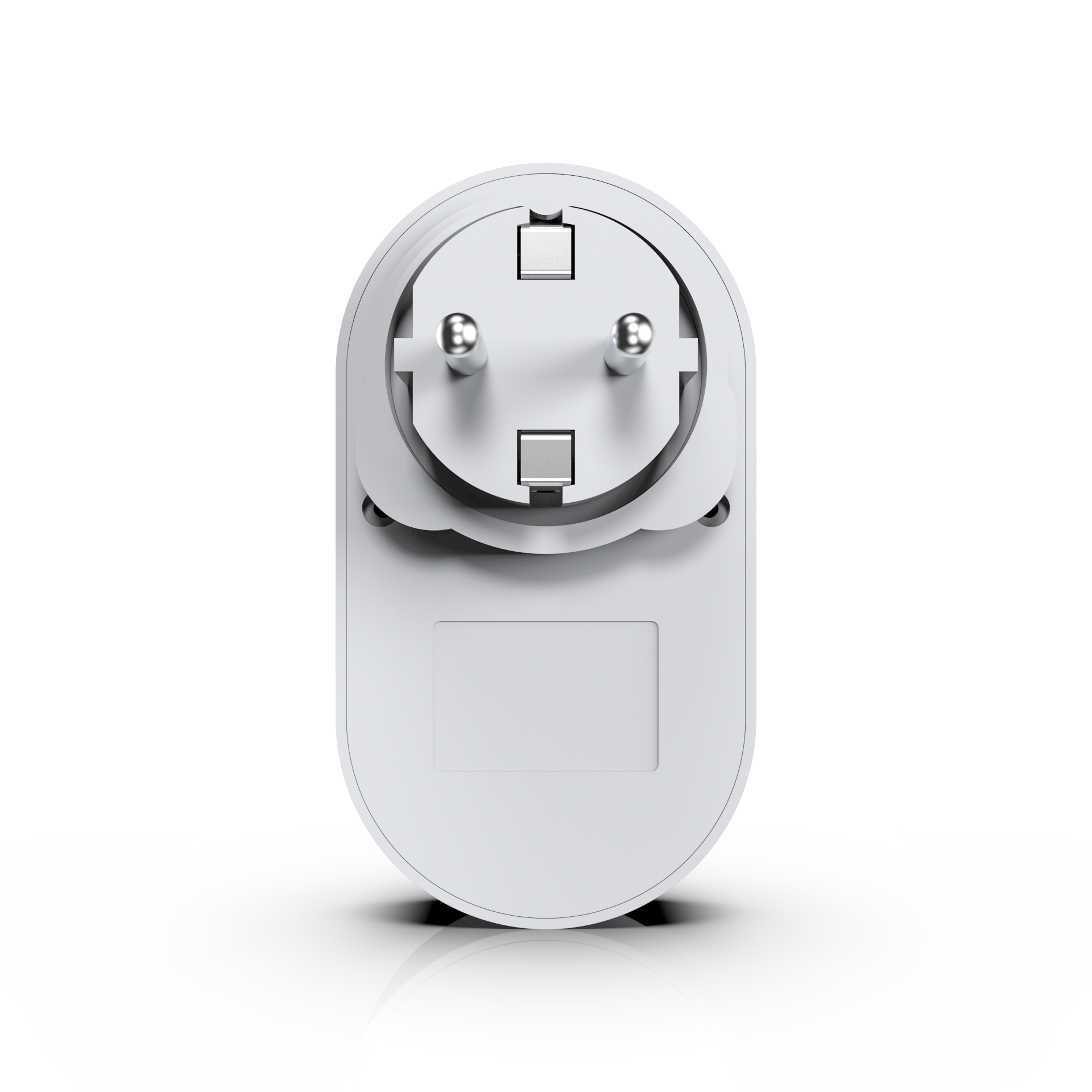 Weißer Stecker mit drei Stiften auf weißer Oberfläche.