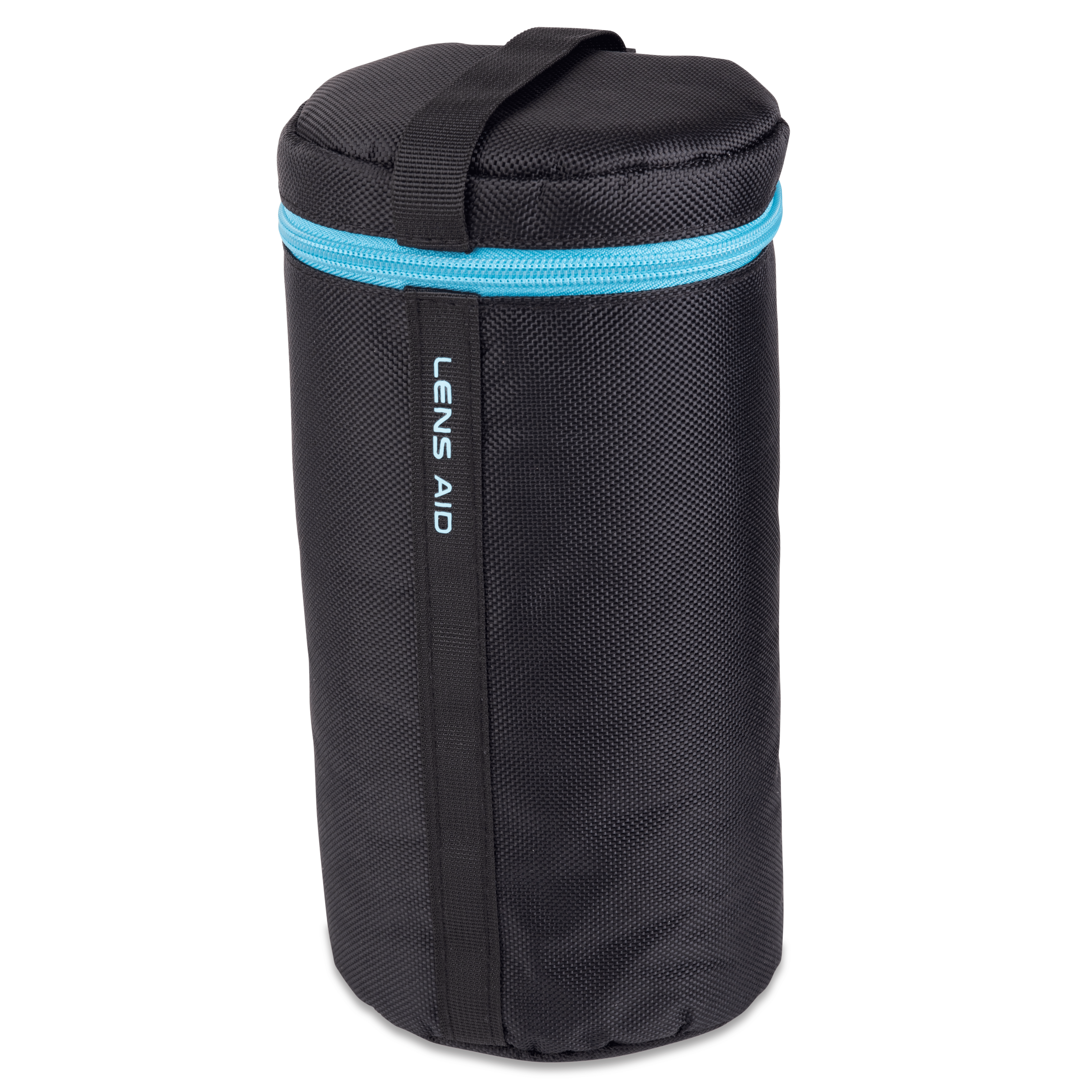 Schwarze Objektivtasche mit blauem Reißverschluss und schwarzem Griff. 'LENS AID' steht darauf.
