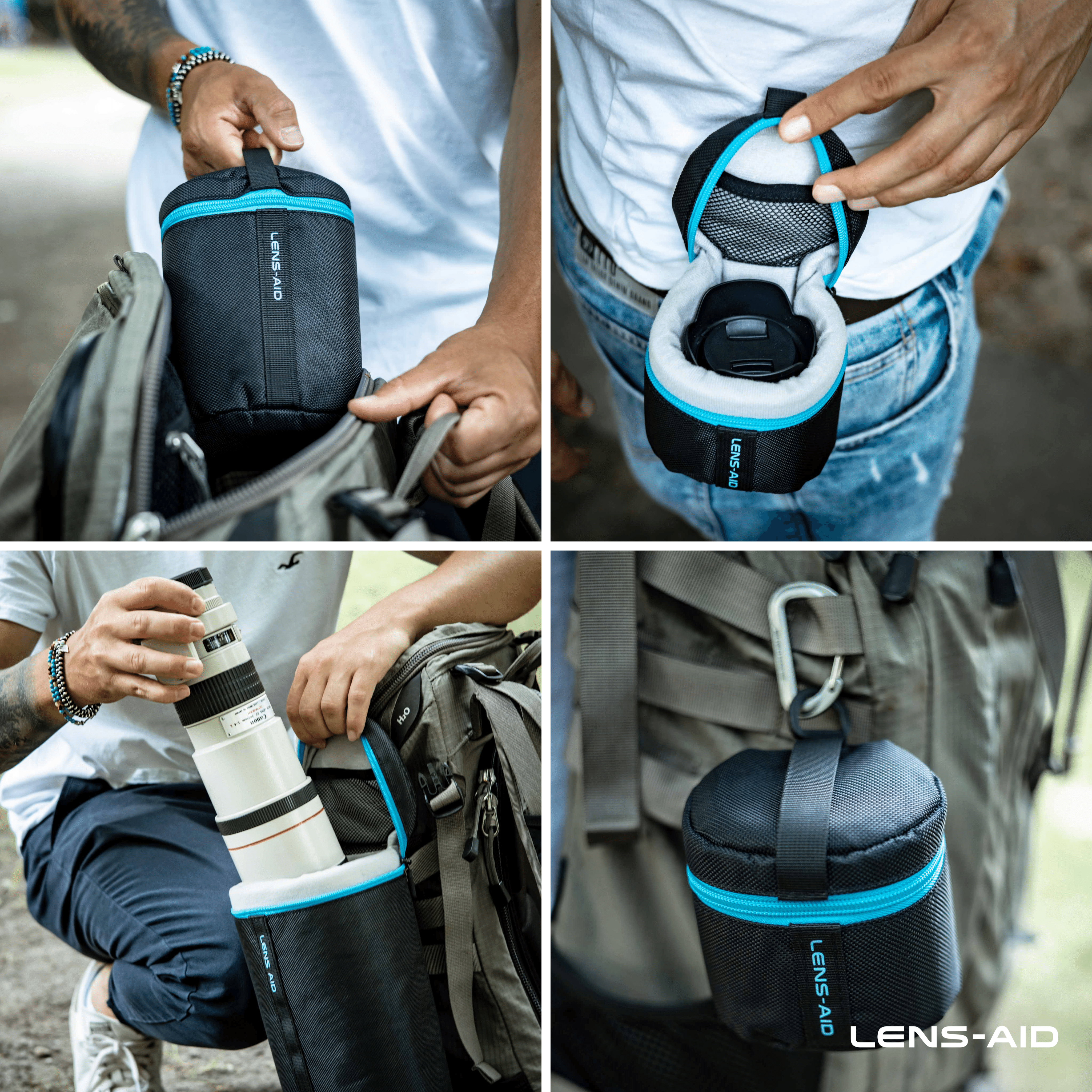 Vier Bilder einer Person, die eine schwarz-blaue Lens-Aid Objektivtasche verwendet. Unterschiedliche Winkel.