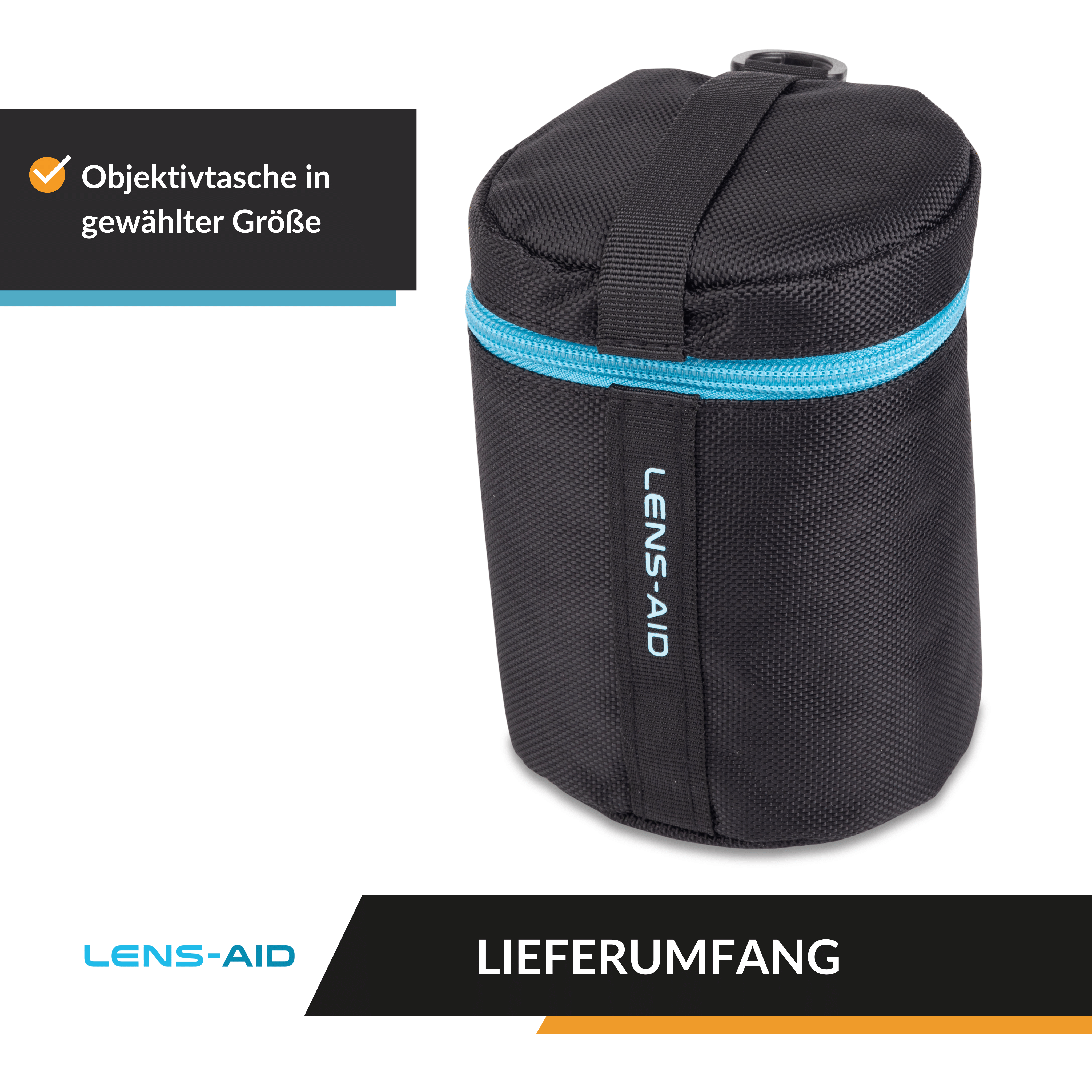 Ein schwarzes Objektivetui mit blauem Reißverschluss, beschriftet mit 'LENS-AID'. Darunter steht 'LIEFERUMFANG'.