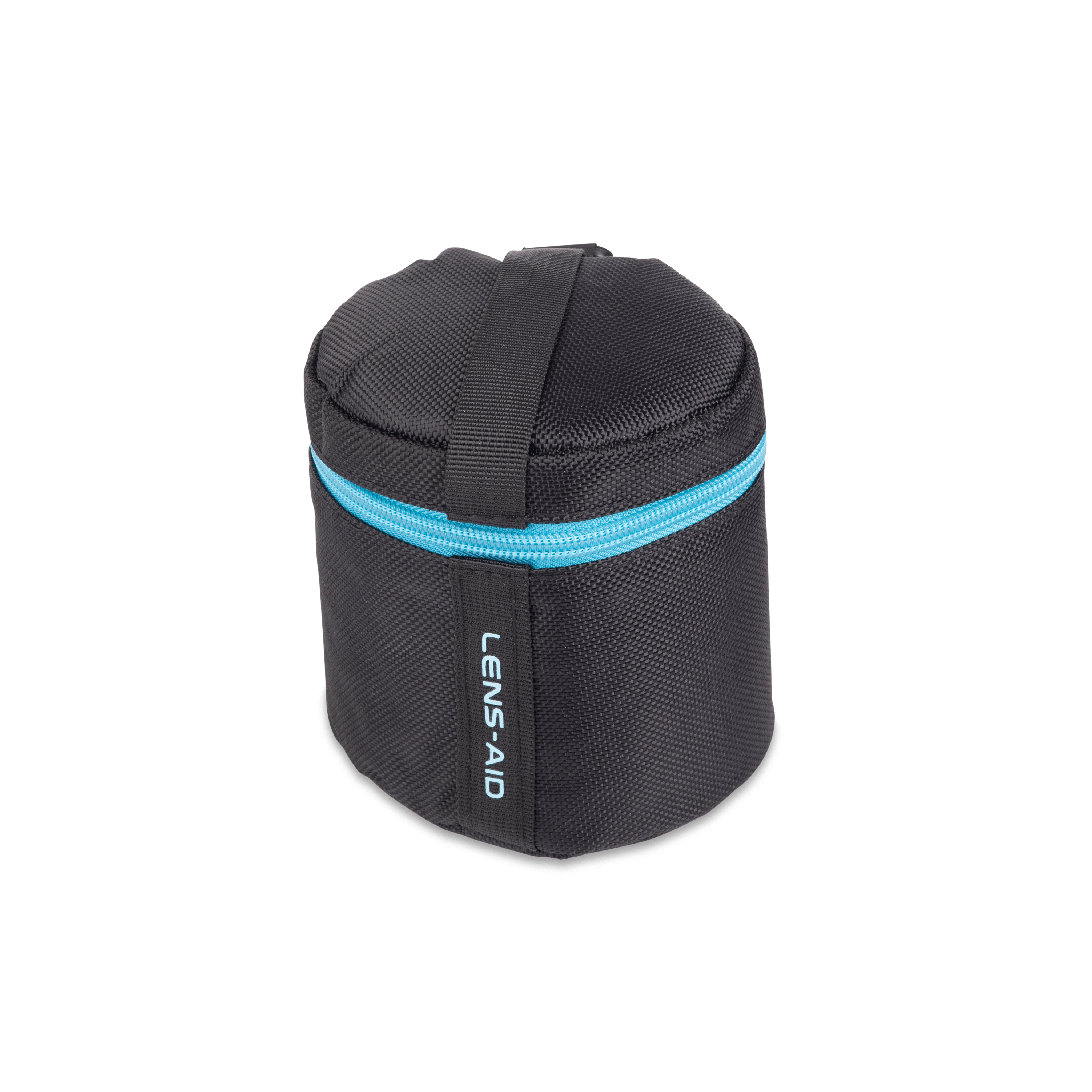 Eine schwarze Objektivtasche mit blauem Reißverschluss wird angezeigt. Die Tasche hat einen Griff und den Text 'LENS-AID'.