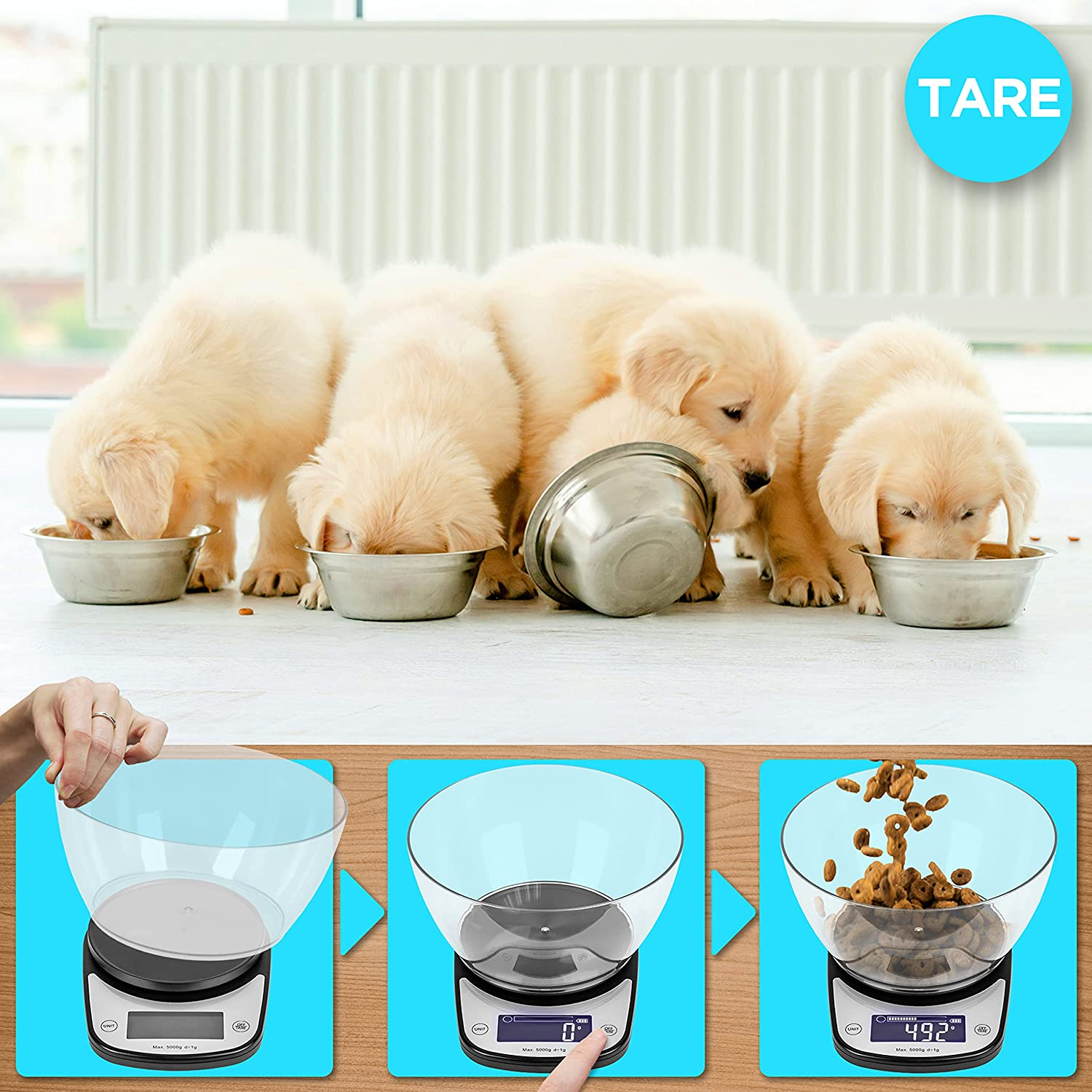 Vier Welpen essen aus Schalen um eine Waage. Eine Waage mit Schale zeigt das Hinzufügen von Futter.