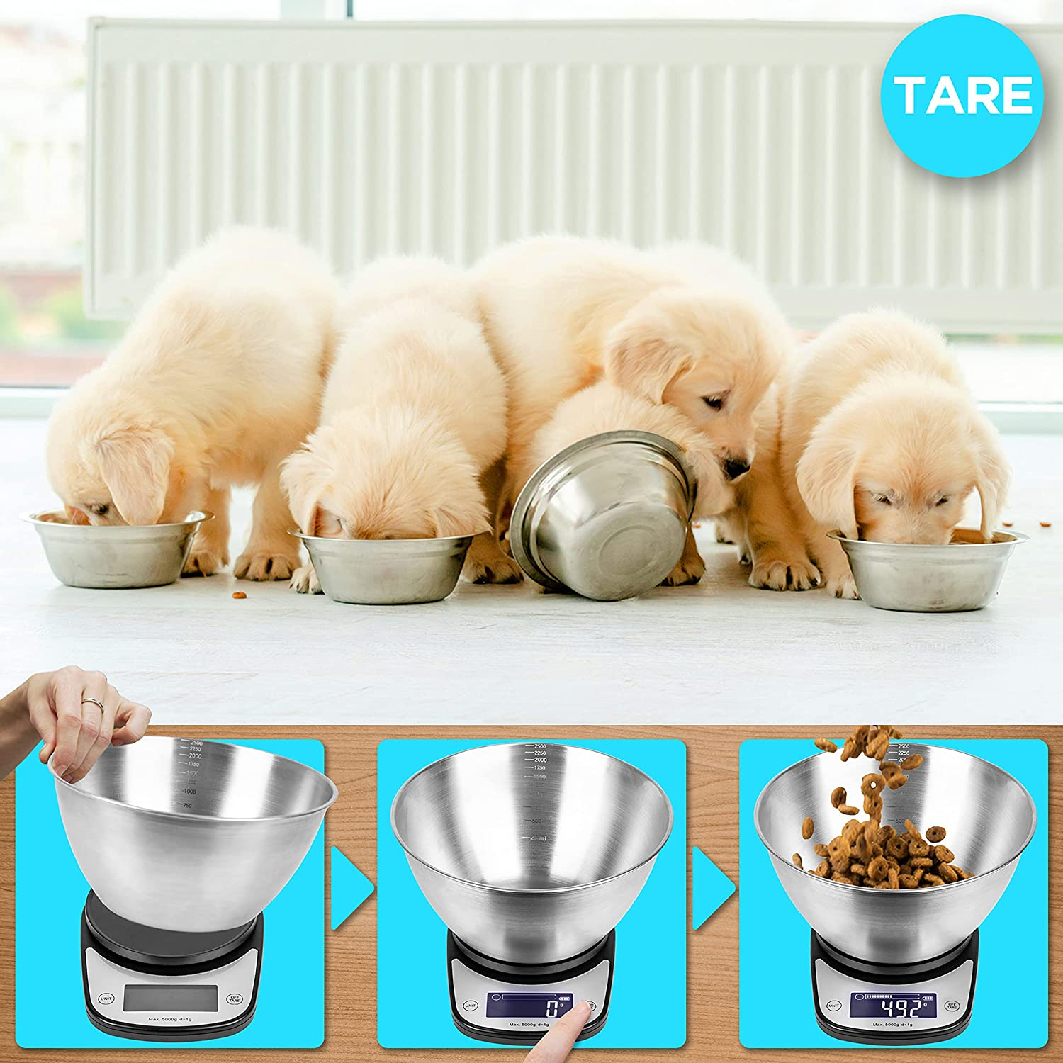 Welpen essen aus Schüsseln, und eine Waage misst Futter mit 'TARE'-Etikett.