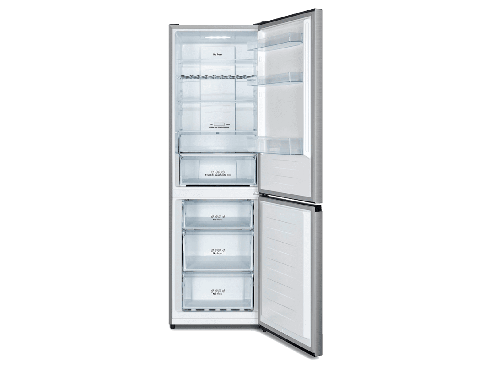 Otwarta lodówka z wewnętrznymi półkami. Drzwi są otwarte. Widoczne szuflady i półki. Czarne tło.