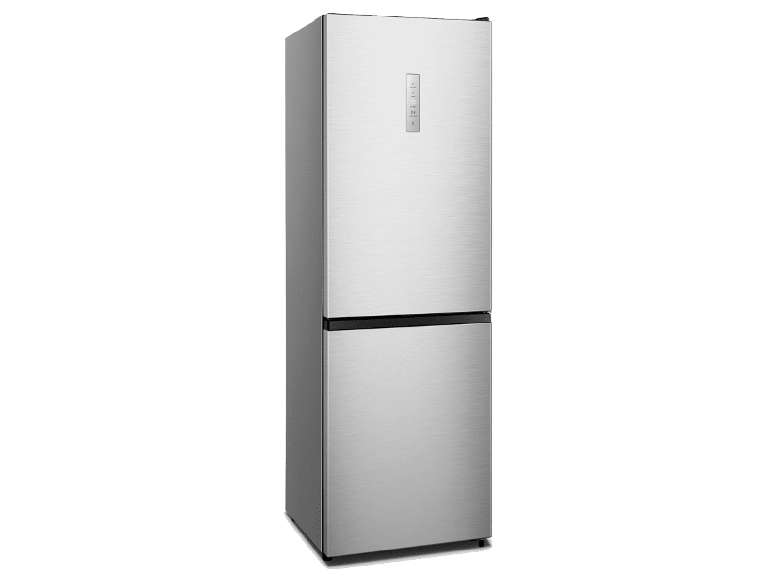 Srebrna lodówka z czarnym dołem. Ma konstrukcję bez uchwytów i czarne tło.