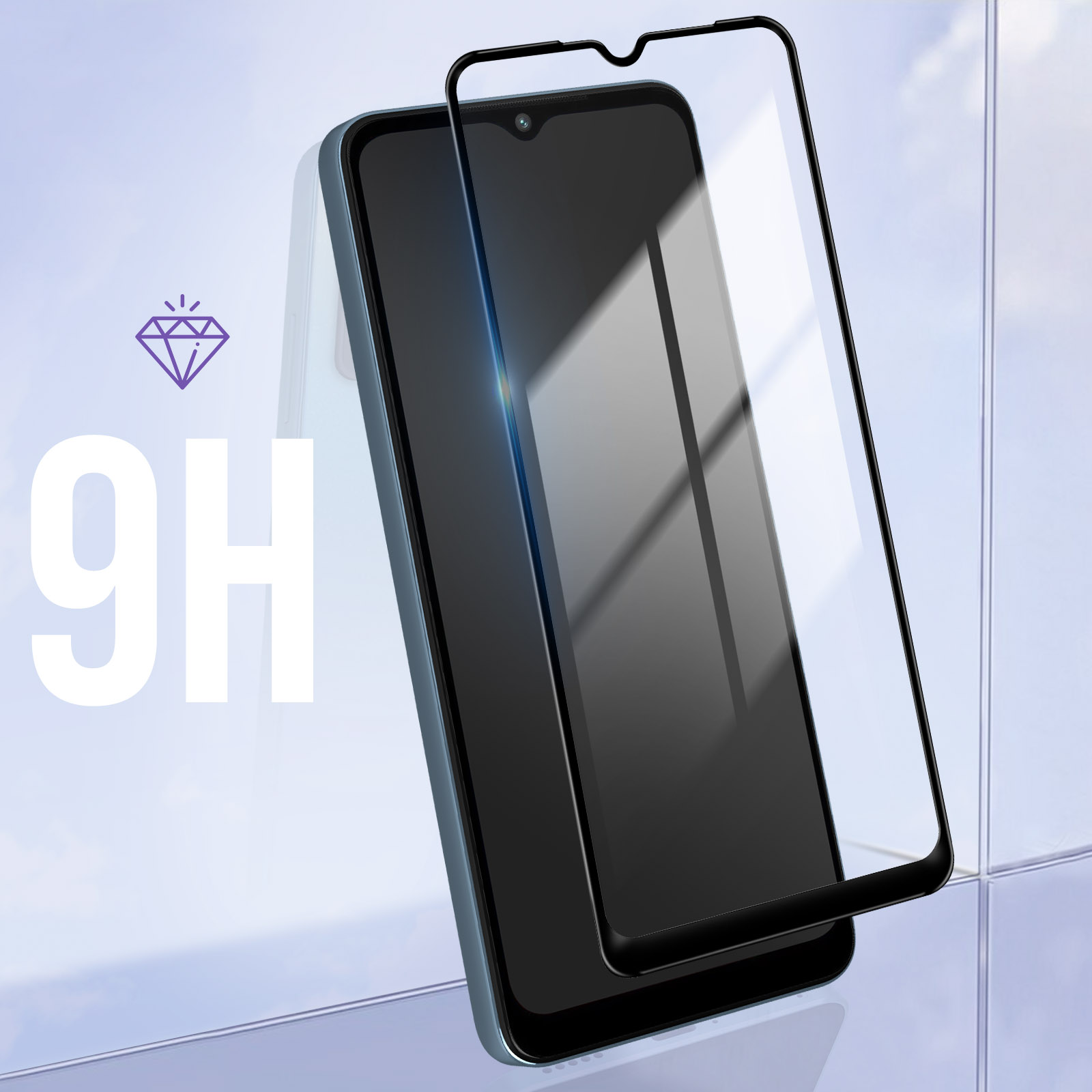 Smartphone avec un protecteur d'écran appliqué et le logo diamant 9H sur fond blanc.