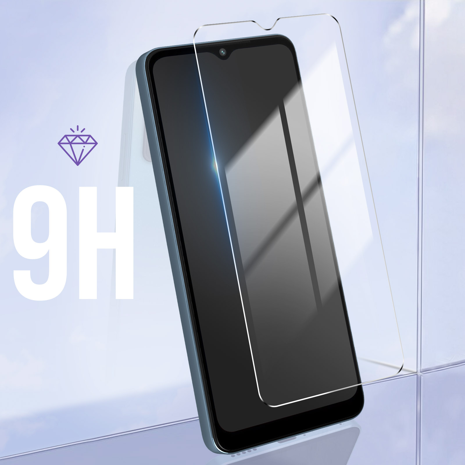 Smartphone avec protecteur d'écran. Protecteur transparent appliqué. Symbole 9H diamant et marque protectrice.