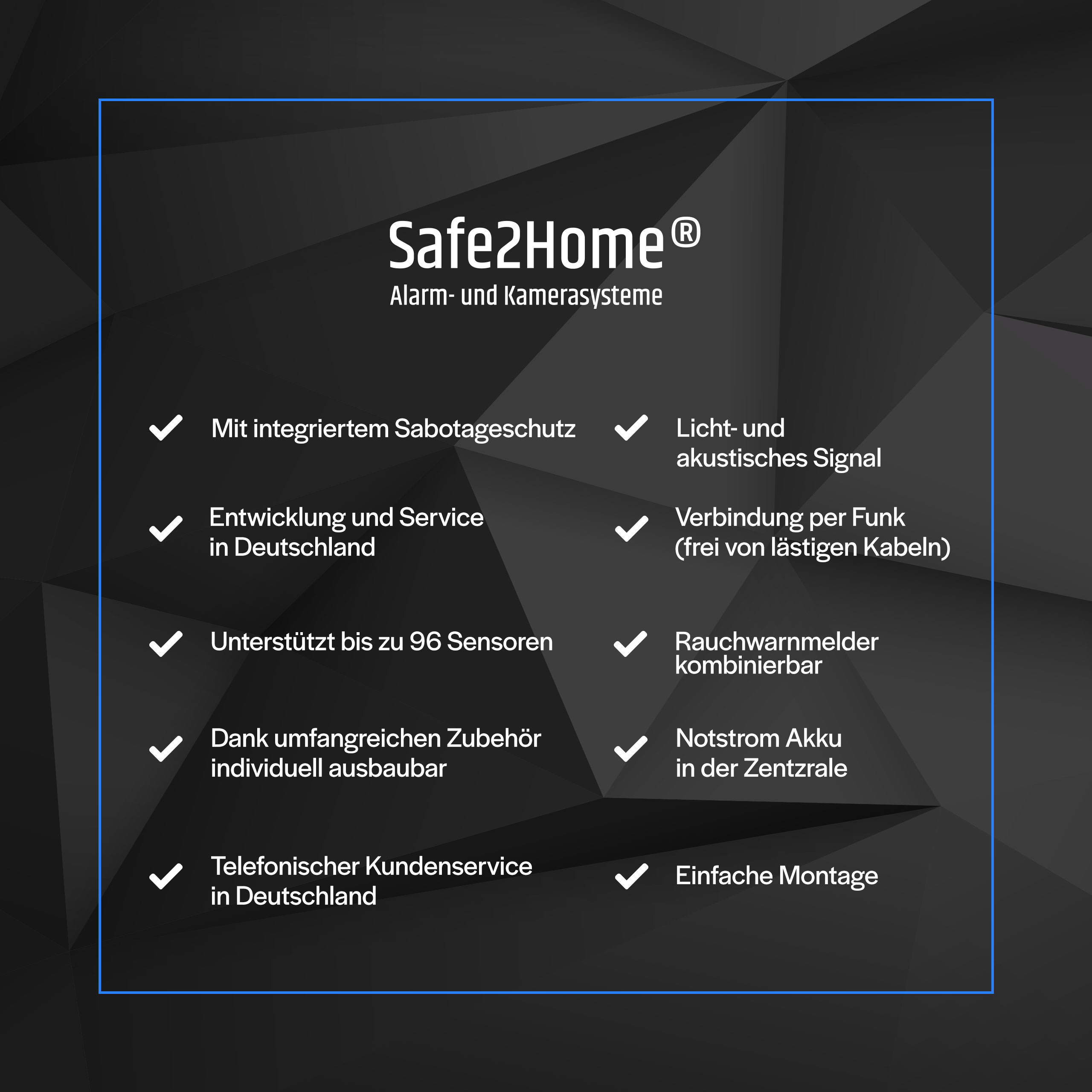 Safe2Home Alarmsystem-Funktionen: integrierter Sabotageschutz, drahtlose Verbindung, etc.