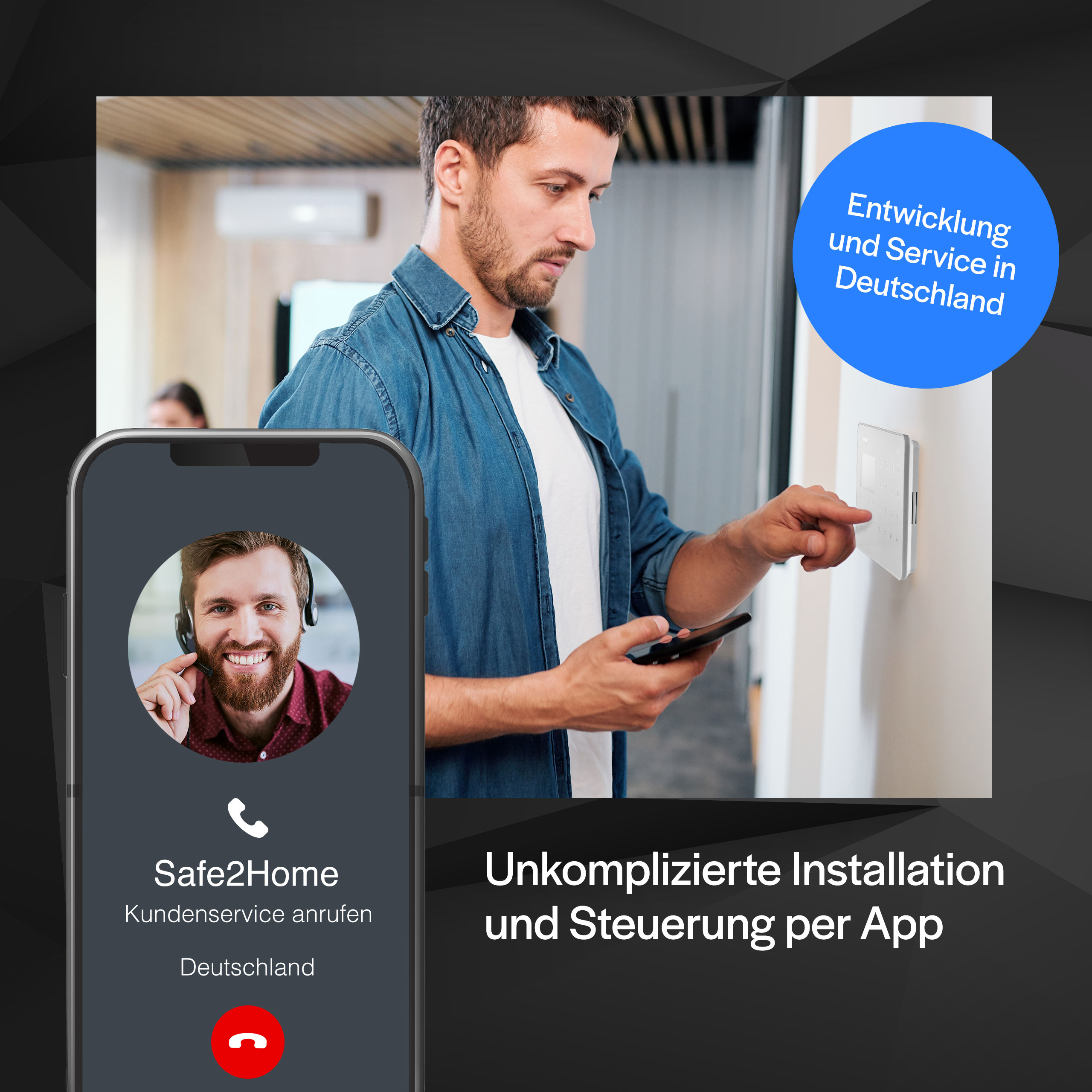 Ein Mann, der ein Telefon benutzt, telefoniert mit einer lächelnden Person. Text beschreibt die App.