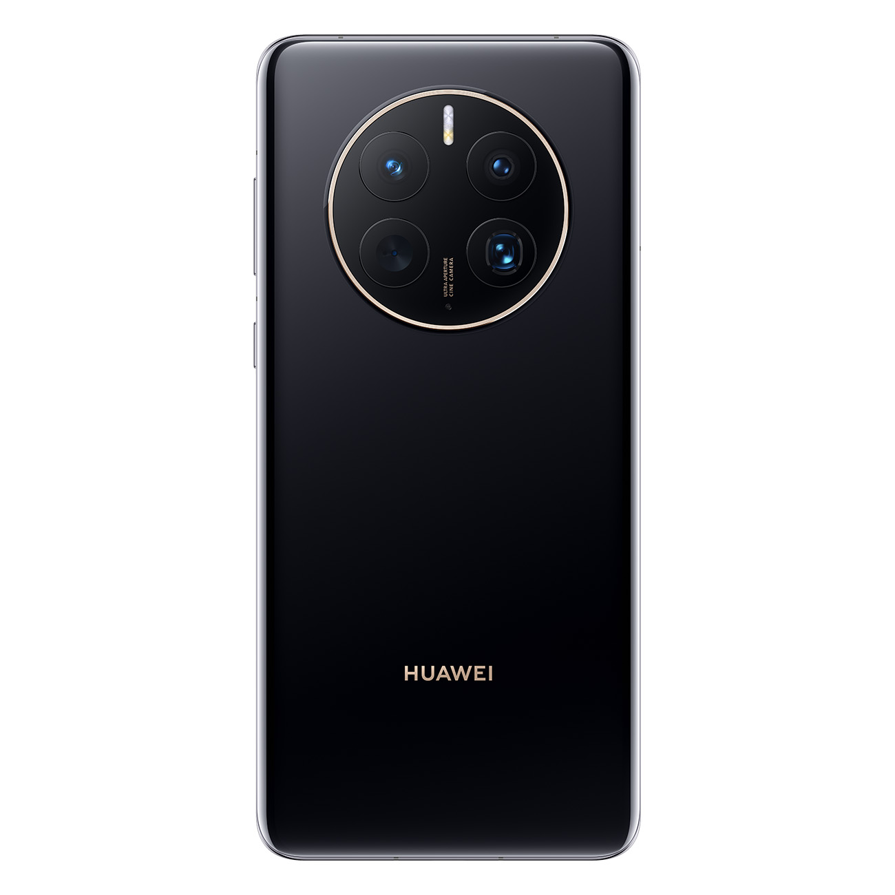 Schwarzes Smartphone mit großem Kameramodul auf der Rückseite, Wort HUAWEI in Gold unten.