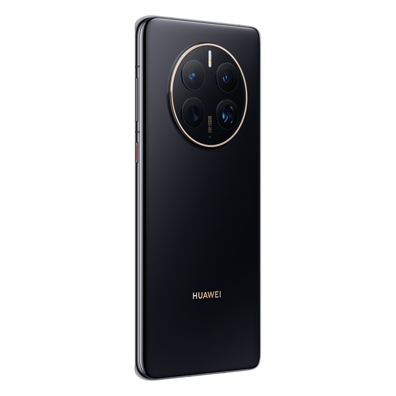 Schwarzes Telefon mit Kamerasystem auf der Rückseite. Goldener Kameraring und schwarze Rückseite.