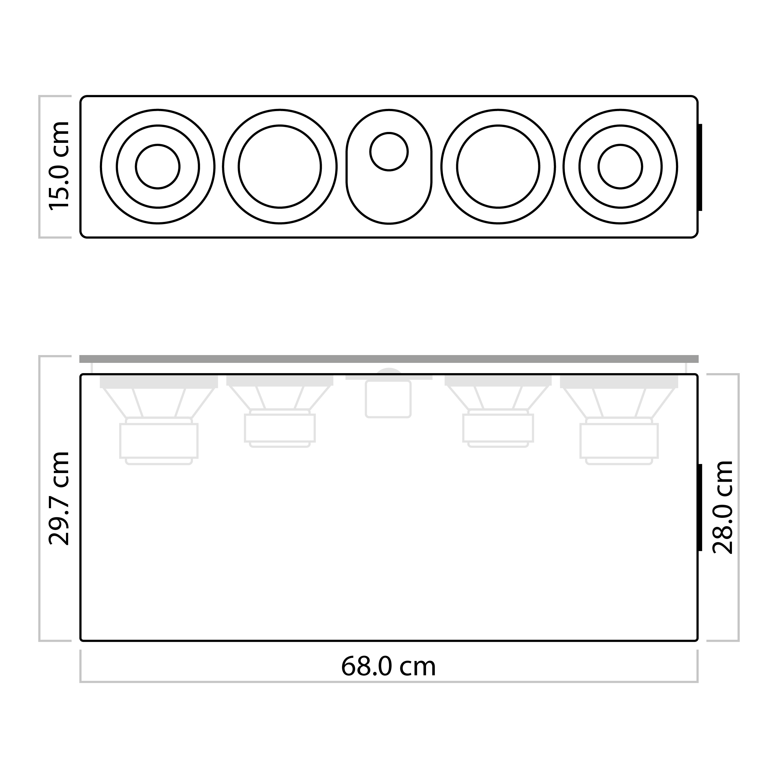 Diagramm mit Abmessungen eines Lautsprechers. Weißer Hintergrund.
