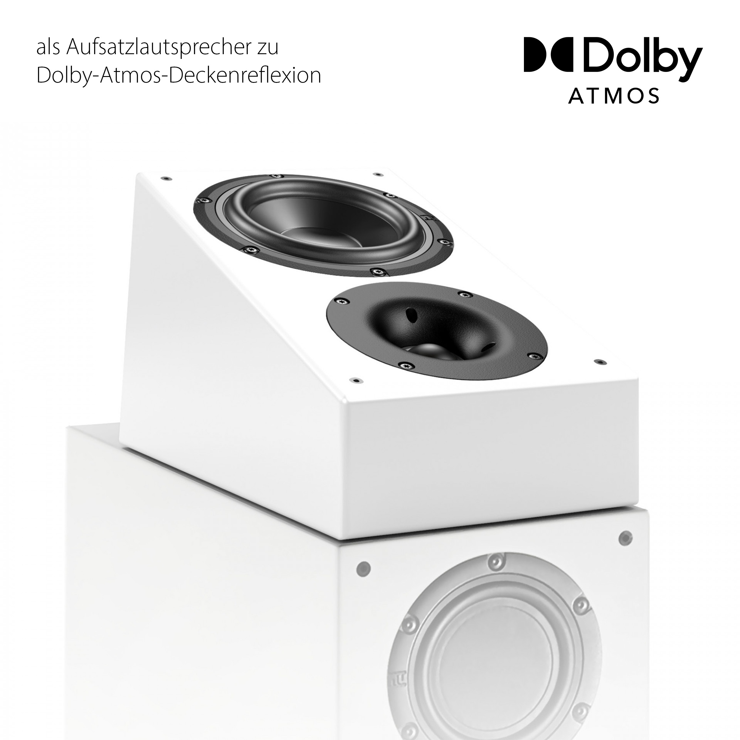 Ein weißer Lautsprecher mit zwei schwarzen Lautsprecherlöchern auf einem anderen. Text lautet Dolby Atmos.