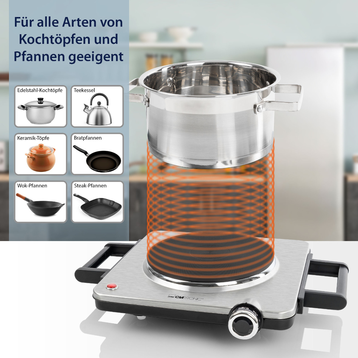 Srebrna płyta grzewcza z garnkiem nad nią, z obrazami naczyń kuchennych wokół.