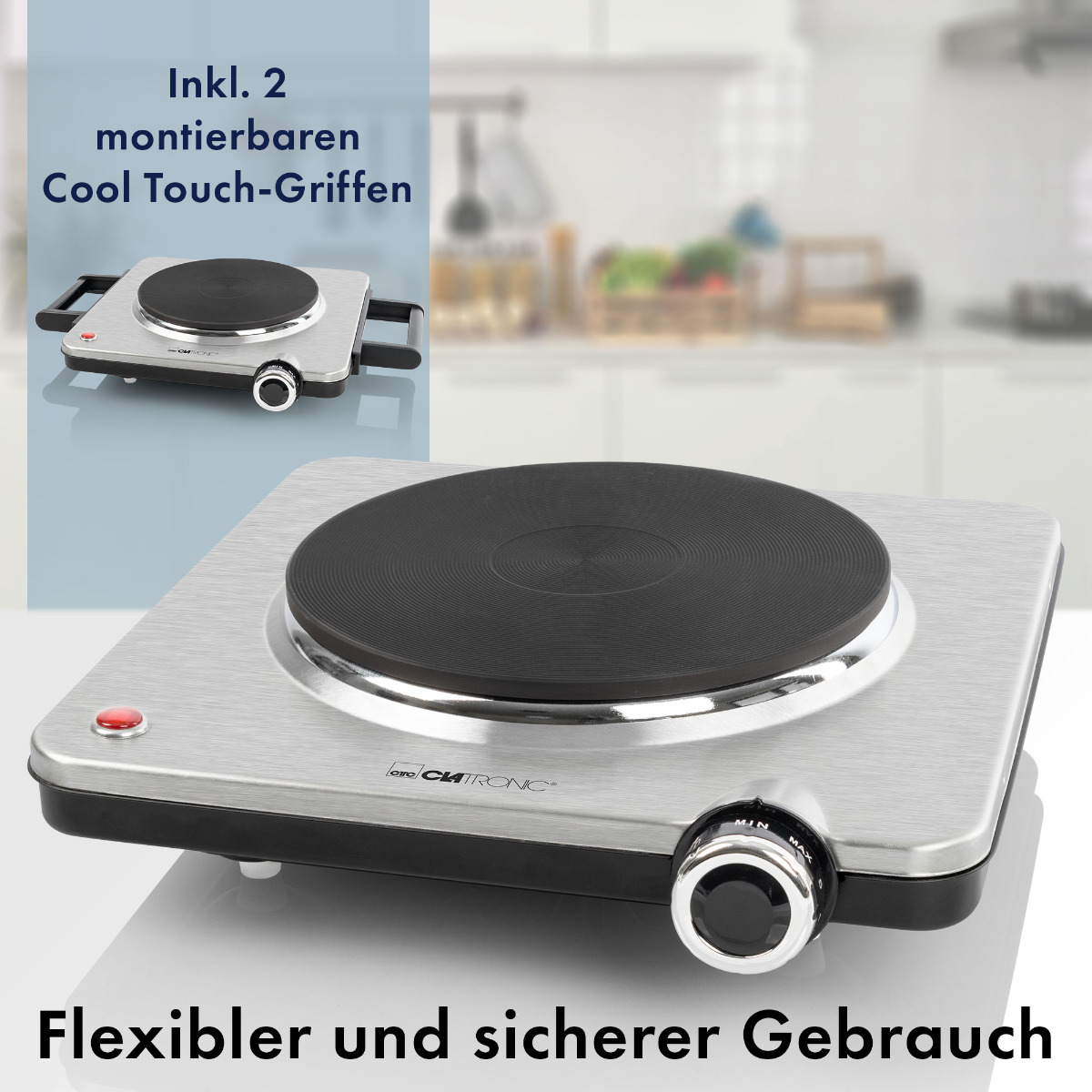 Kuchenka elektryczna. Srebrna z czarnym palnikiem. Tekst po niemiecku.