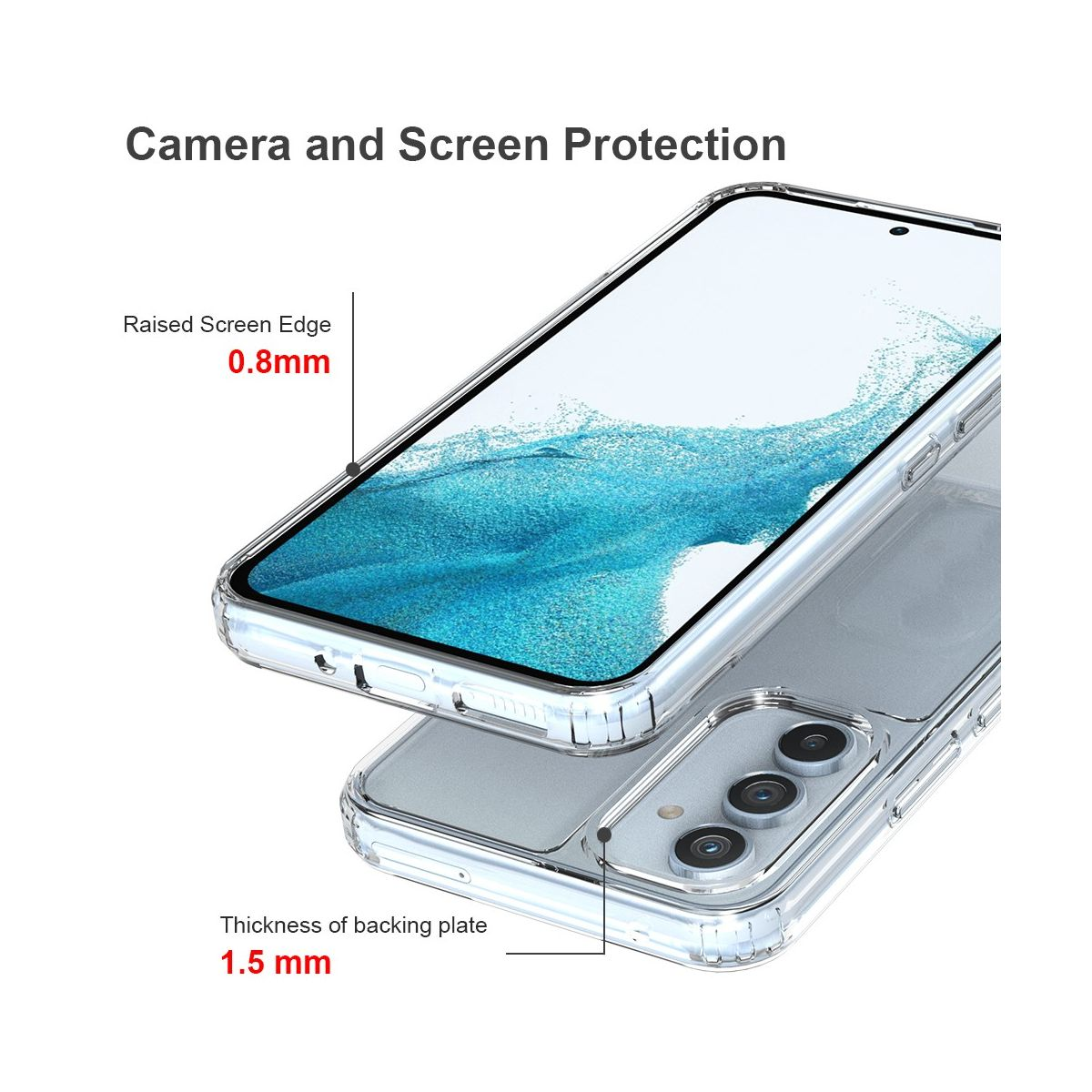 Une coque de téléphone avec un dos transparent et un bord d'écran surélevé, montrant ses caractéristiques de protection.