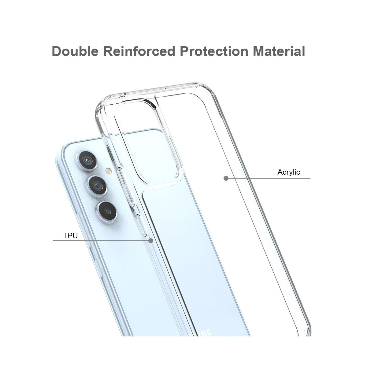 Ein Telefon mit transparenter Hülle. Die Hülle ist mit 'Acryl' und 'TPU' für die Materialidentifizierung beschriftet.
