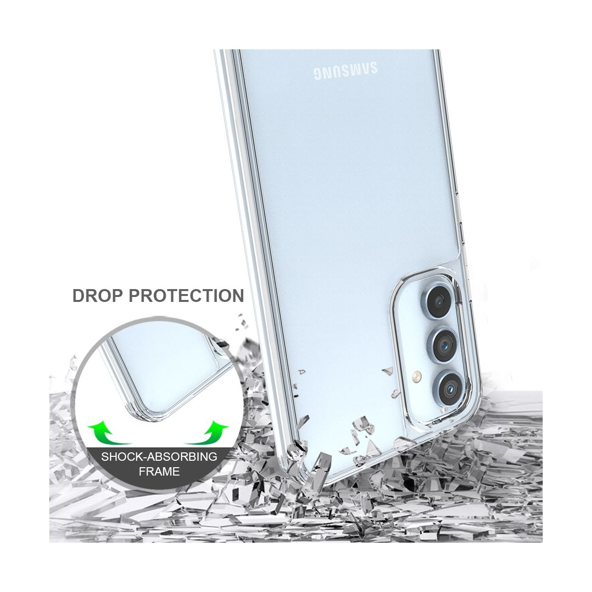 Handyhülle mit Telefon darin und einem Kreis. Text sagt 'Drop Protection' und 'Shock-Absorbing Frame'.