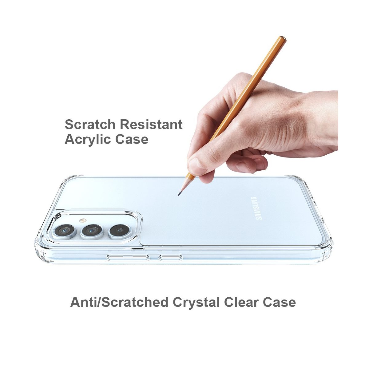 Handyhülle mit Bleistift, der die Rückseite berührt, beschriftet mit 'Scratch Resistant Acrylic Case'.