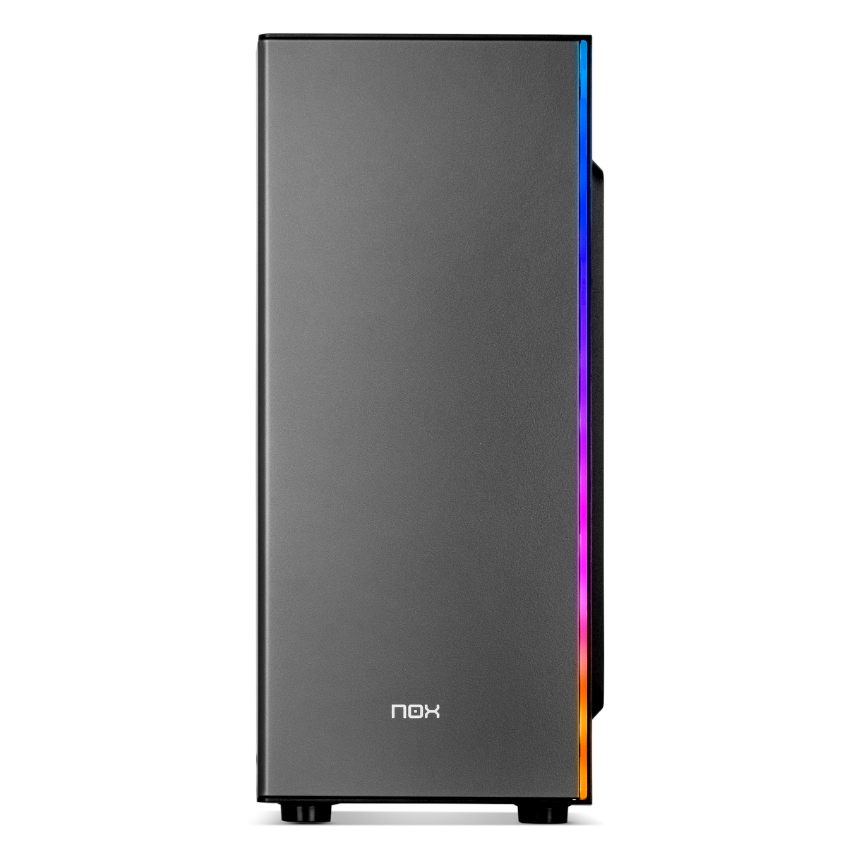 Una caja de PC negra con el logo NOX y una tira LED colorida en el lateral.