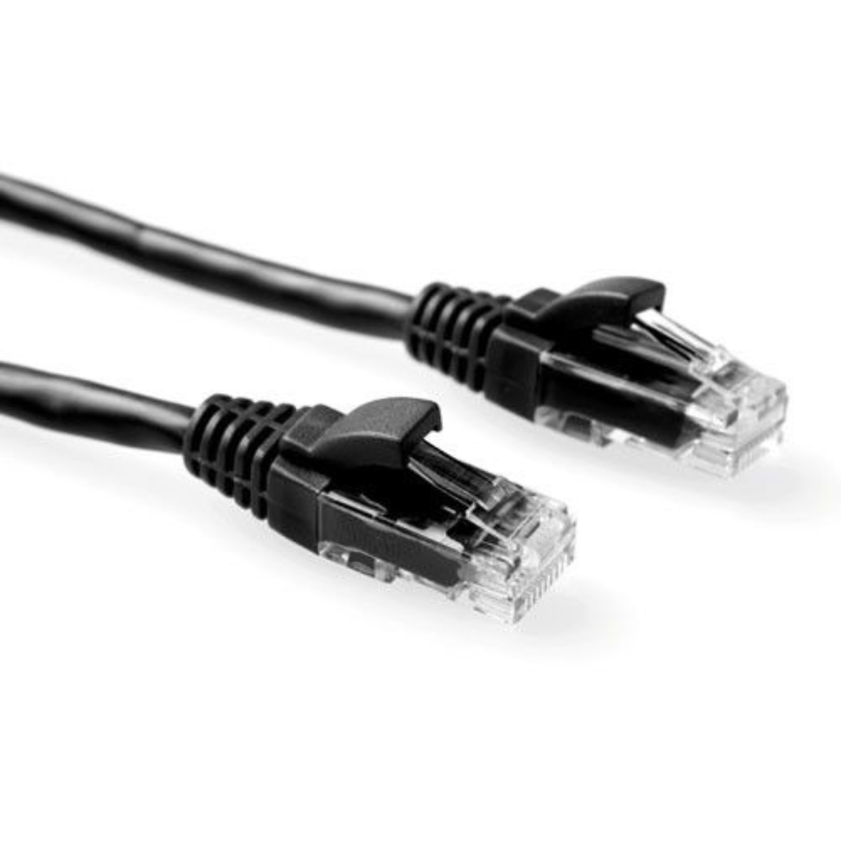 Twee zwarte netwerkkabels met doorzichtige connectoren op witte achtergrond.