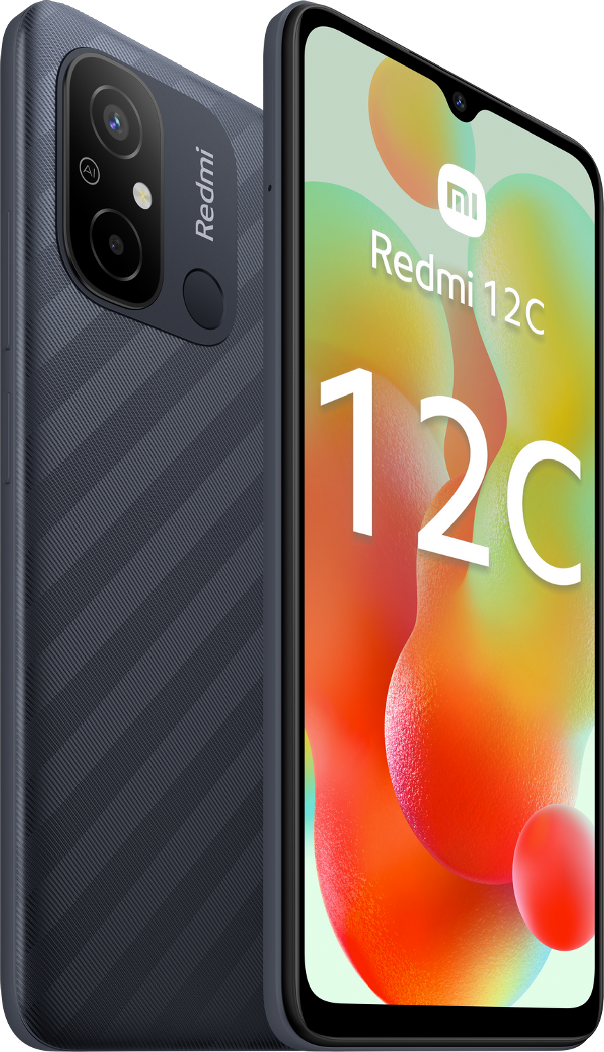 Dunkelblaues Redmi 12C-Telefon mit Dual-Kameras. Der Bildschirm zeigt 'Redmi 12C'.