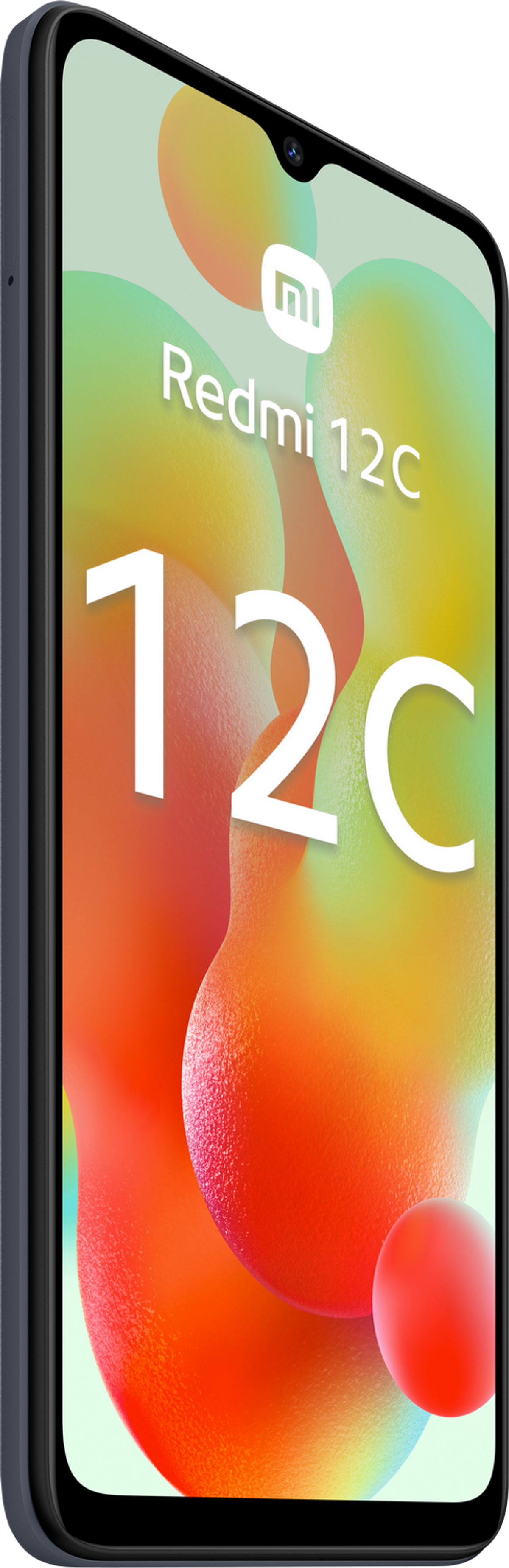 Ein blaues Redmi 12C Smartphone in Seitenansicht, mit buntem Hintergrund und Redmi 12C Text.