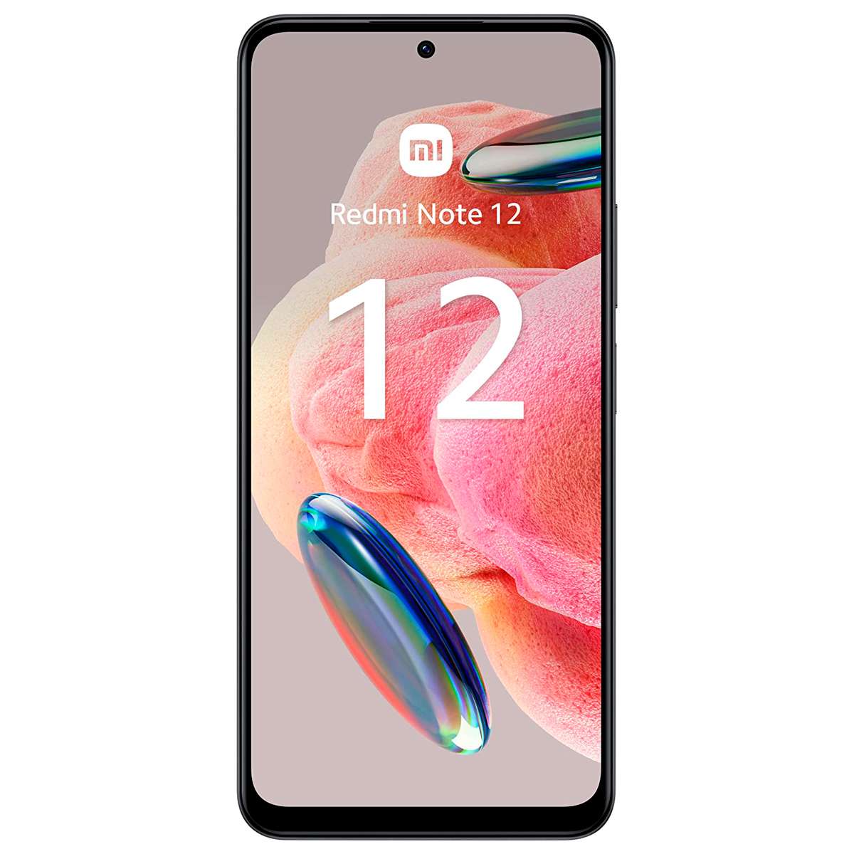 Smartfon z logo Redmi Note 12 i numerem 12 na ekranie. Tło jest abstrakcyjne.
