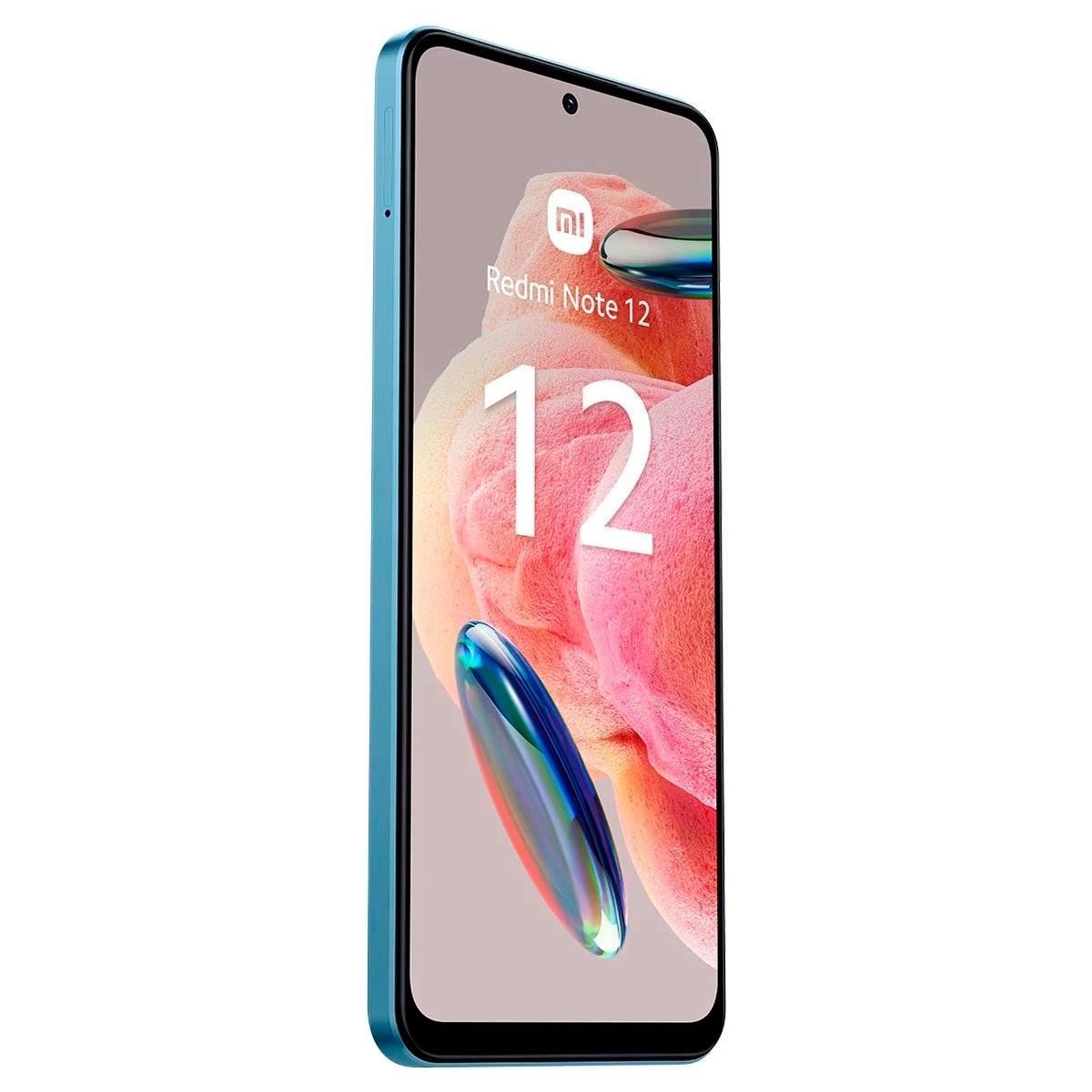 Niebieski smartfon z ekranem pokazującym różowo-białą grafikę.