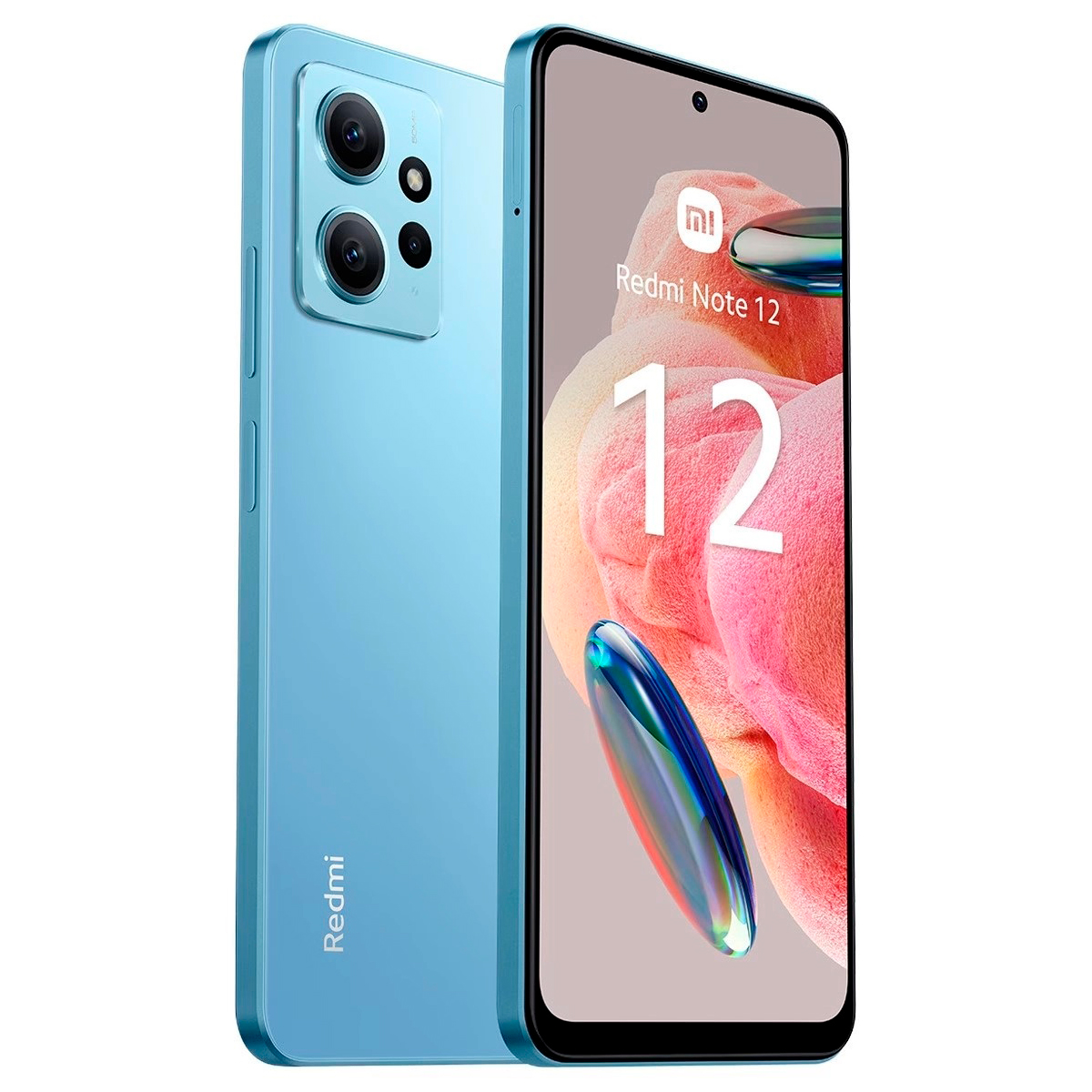 Niebieski telefon z trzema aparatami, ekran wyświetla różowy gradient i liczbę 12.