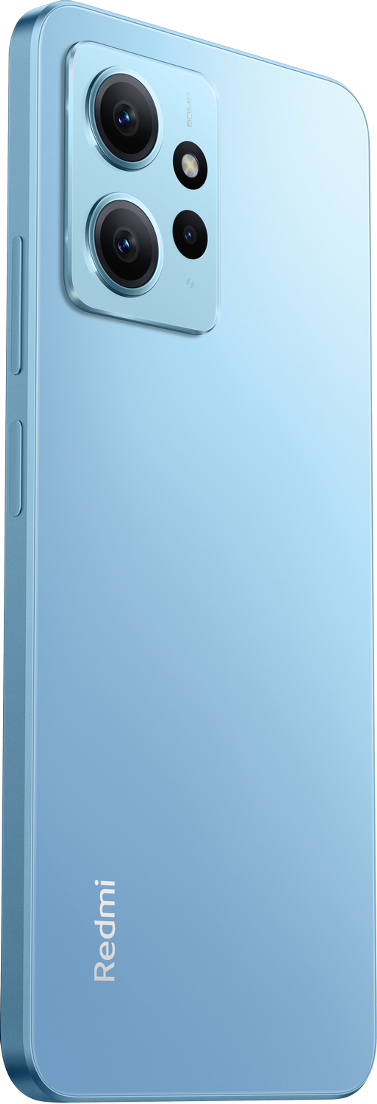 Jasnoniebieski smartfon z aparatami. Telefon na białym tle.