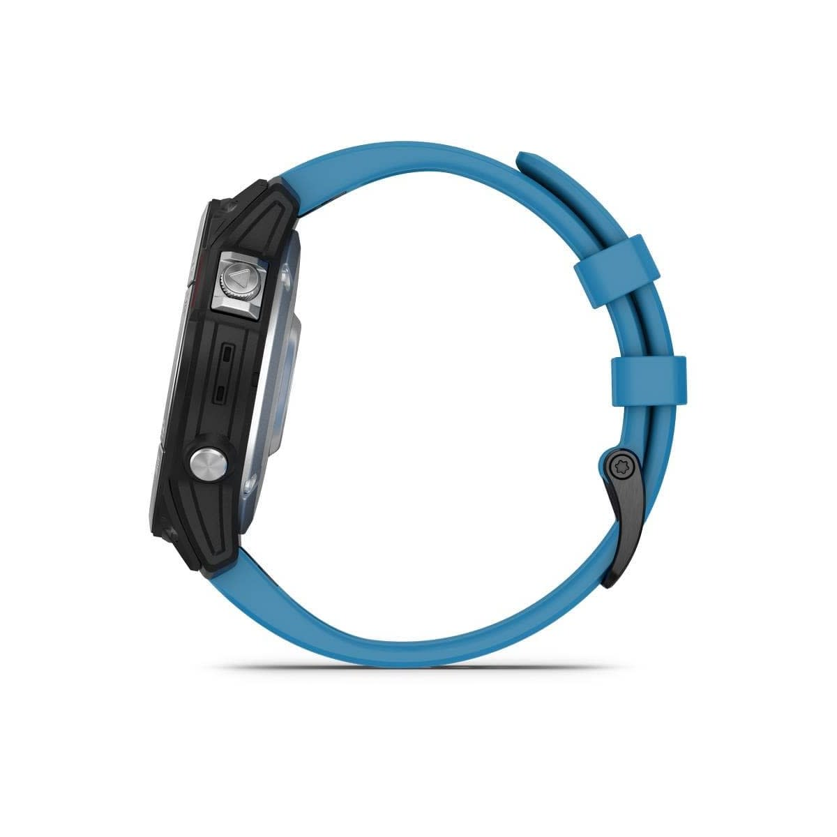 Widok z boku smartwatcha z niebieskim paskiem na białym tle.